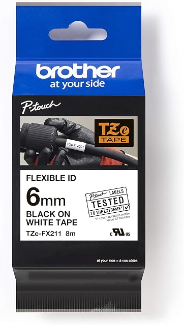 Brother TZe-FX211 Labelling Tape Cassette, Black on White, 6mm (W) x 8M (L), Flexible ID, Brother Genuine Supplies
