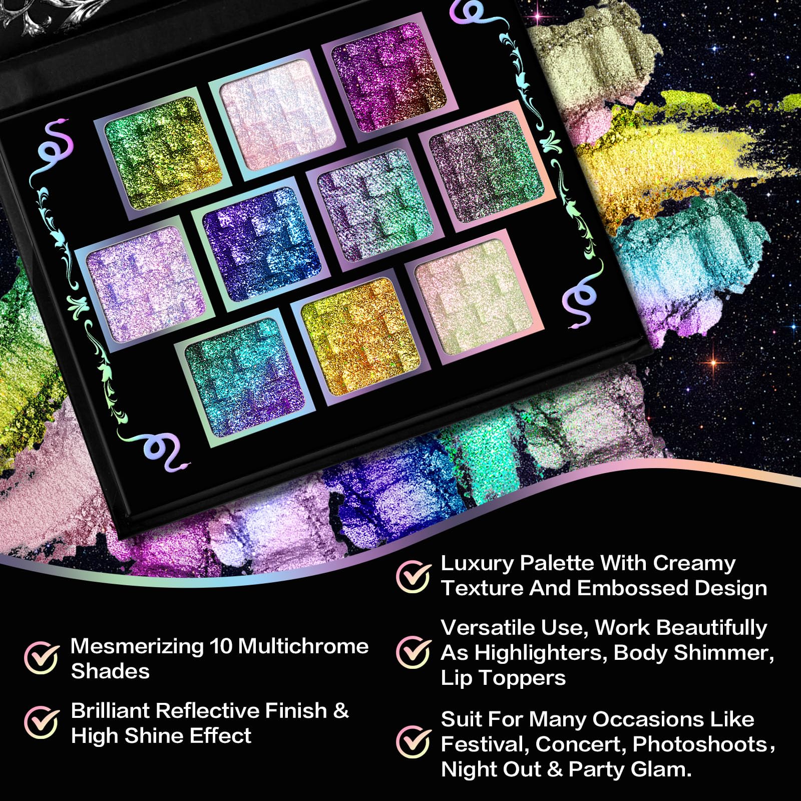UCANBE Chameleon Multichrome Eyeshadow Palette, 10 Colors Shifting Chromatic Light-Reflecting Metallic Eye Shadow - Image 2