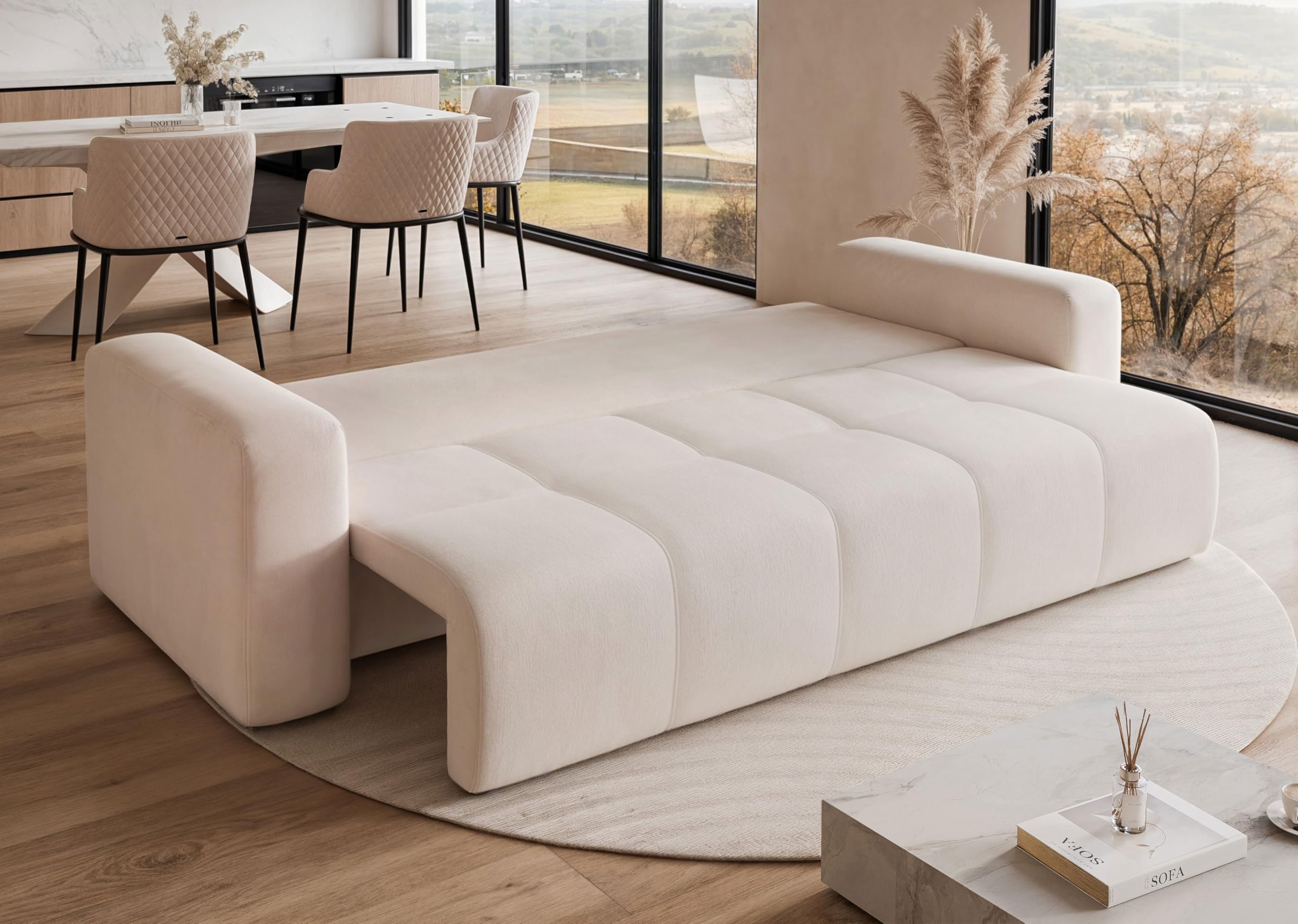 93x244 Sofa mit Schlaffunktion (125x200) und Bettkasten (Massivholz + MDF) mit dekorativen Nähten auf der Sitzfläche