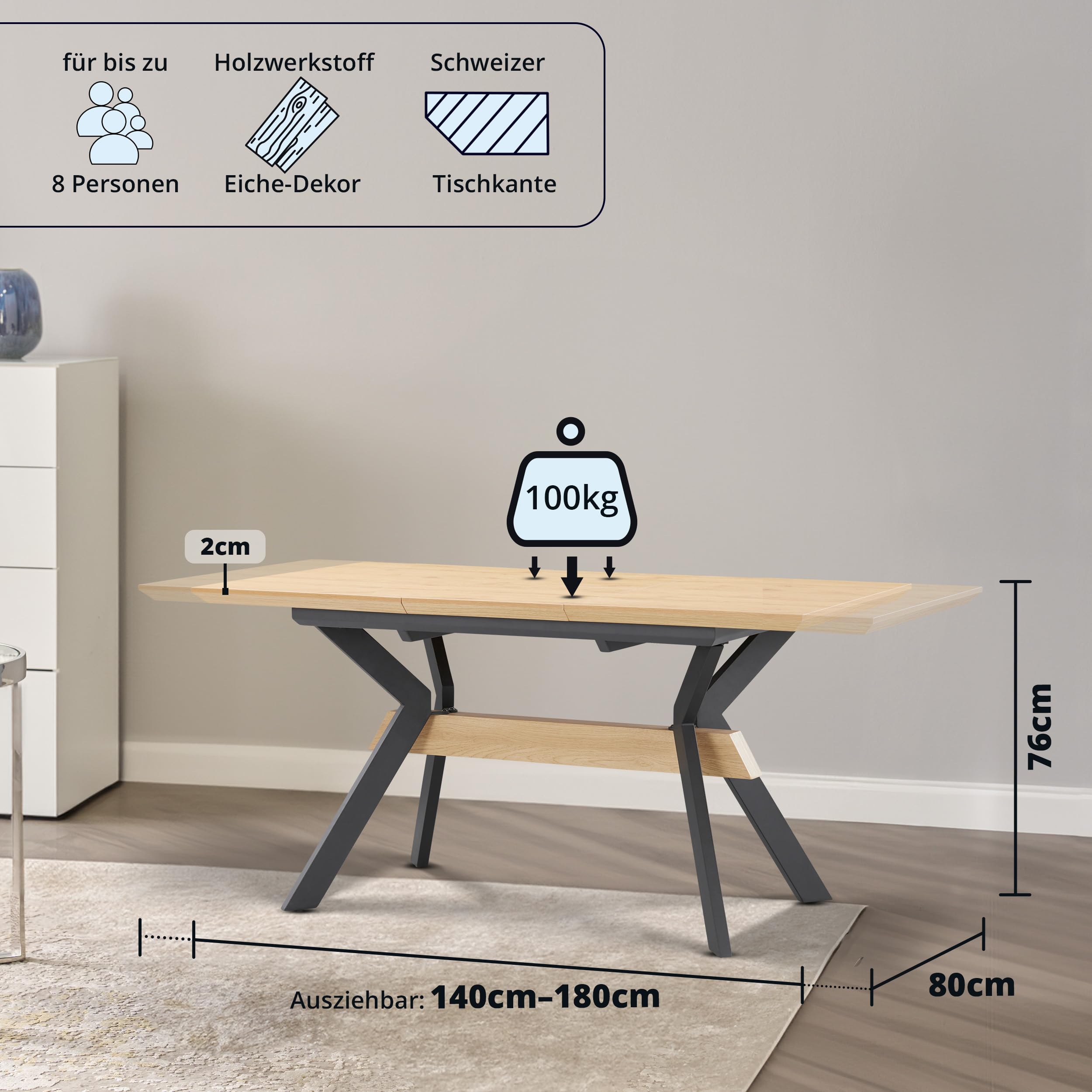 KHG Esstisch ausziehbar 140-180 cm - Küchentisch für 8 Personen mit Butterfly-Auszug, Eiche Optik, Schweizer Kante, Metallbeine beschichtet, Industrial Design, stabil & pflegeleicht