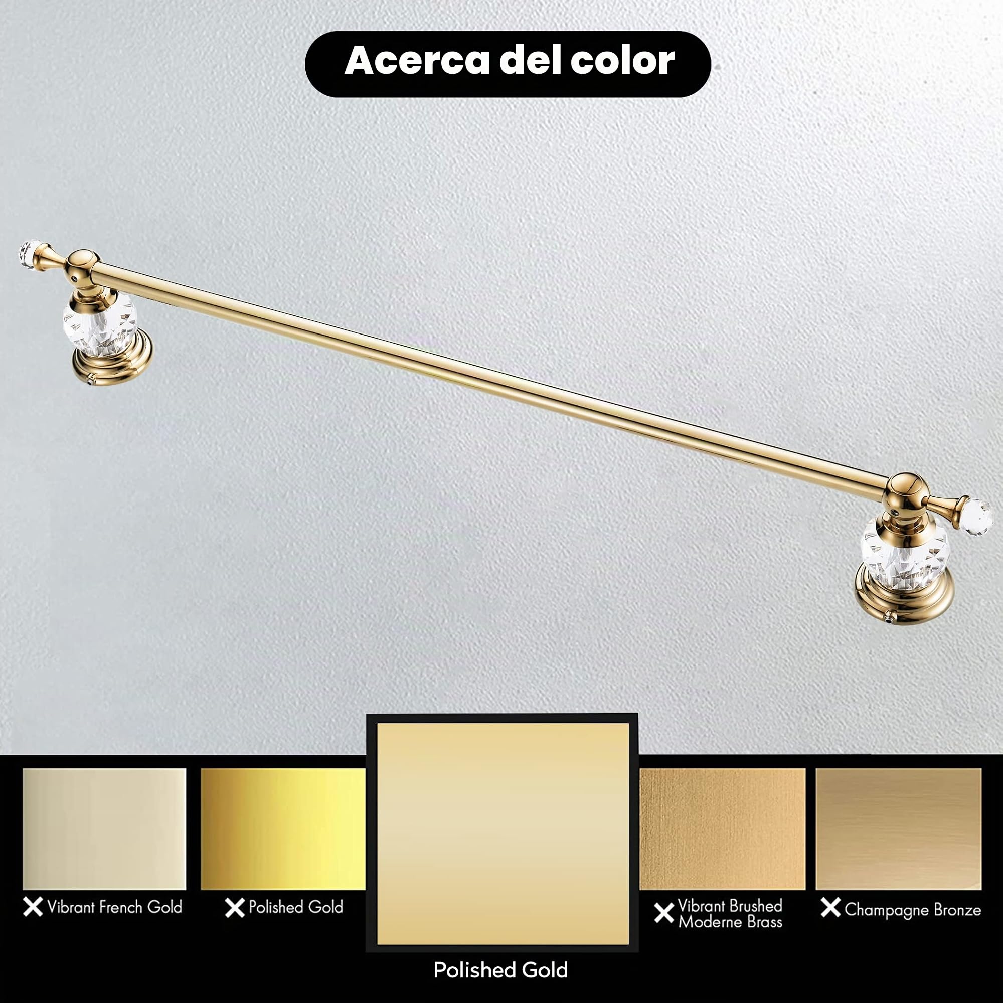 WINCASE Toallero Europeo Individual para toallero, construcción de aleación de Zinc con Acabado Dorado Pulido para baño con Base de Cristal montado en la Pared