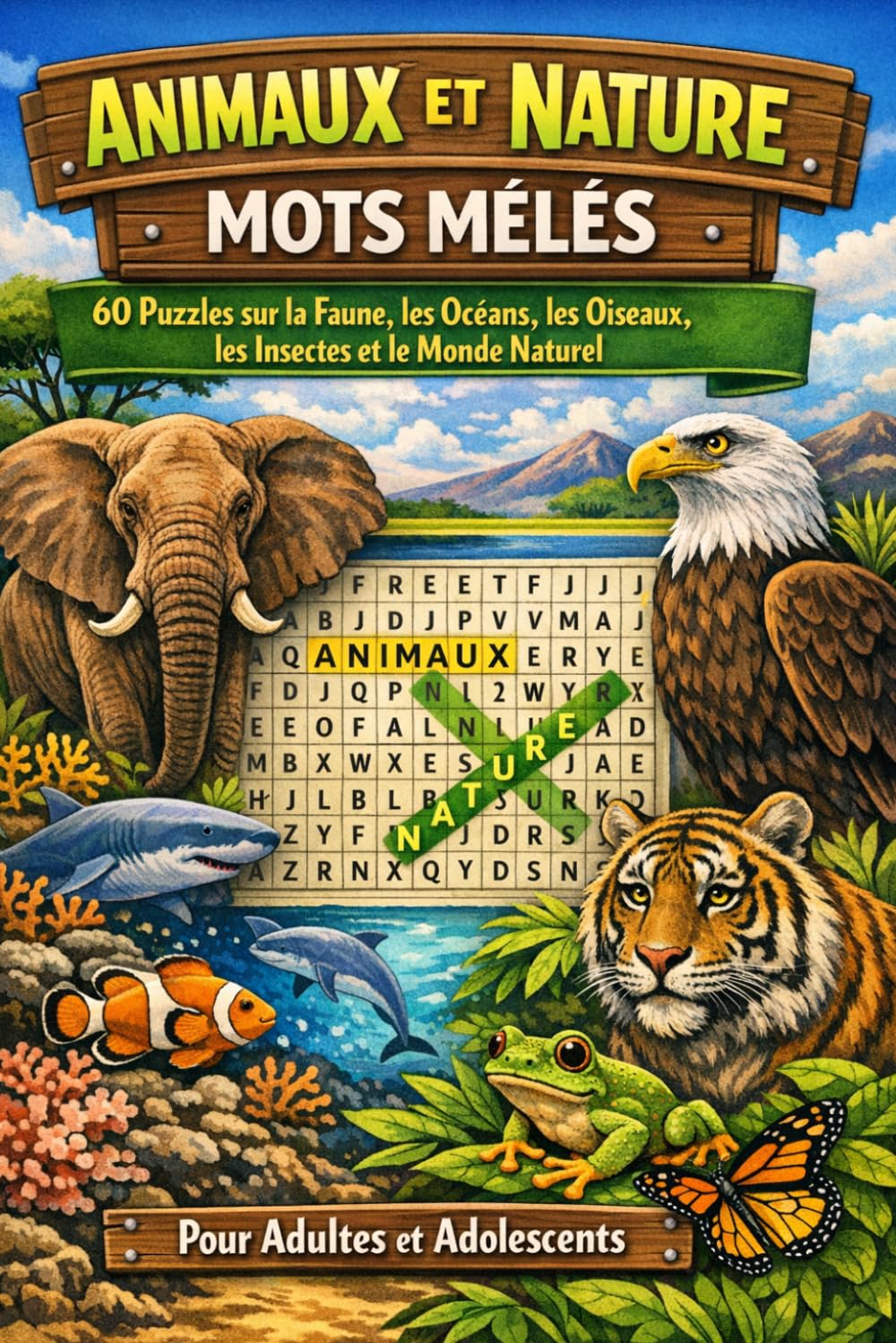 Animaux et Nature : Mots Mêlés: 60 Puzzles sur la Faune, les Océans, les Oiseaux, les Insectes, les Habitats et le Monde Naturel pour Adultes et Adolescents