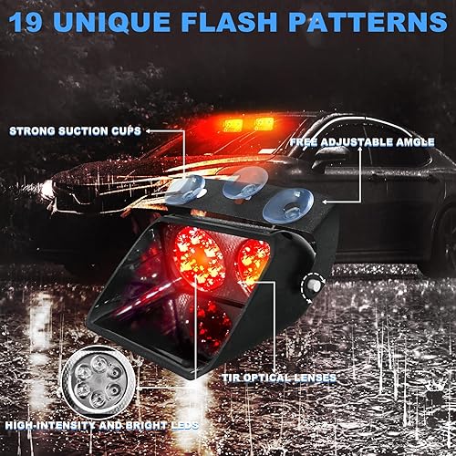 Miniatura 3 de Luces de visera rojas de 5.3 pulgadas, 24 LED, luces estroboscópicas de advertencia de emergencia, 19 modos con ventosas para vehículos, camión,