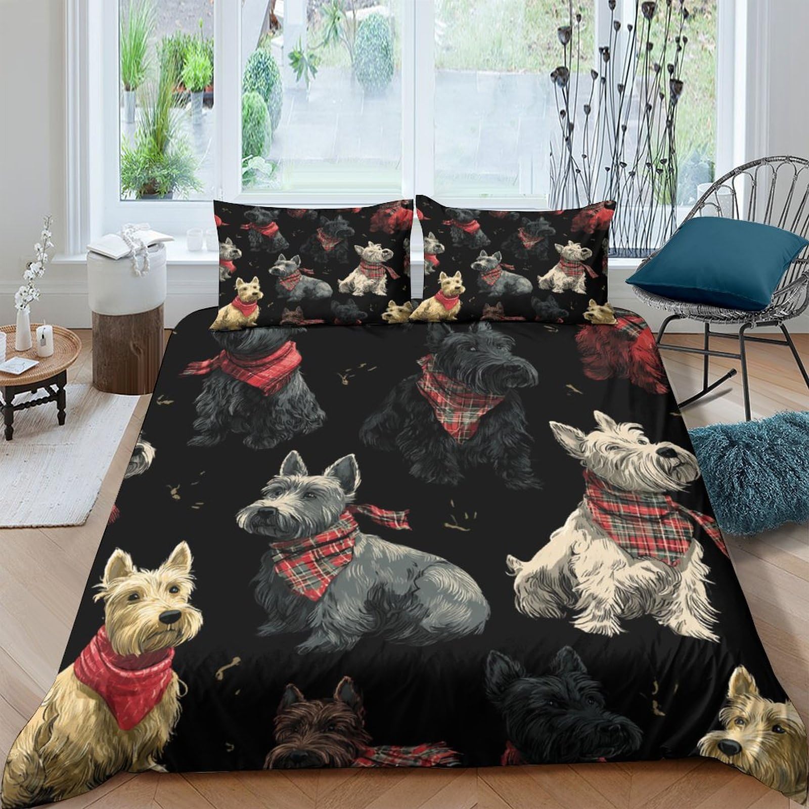 Ctjqhvkz Style-2 3D Printed Scottish Terrier Fitted Sheet Microfiber Black Dog Bandana Bed Cover For Bedroom Guest Room Dorm Mattress Protection Single（135X200cm）
