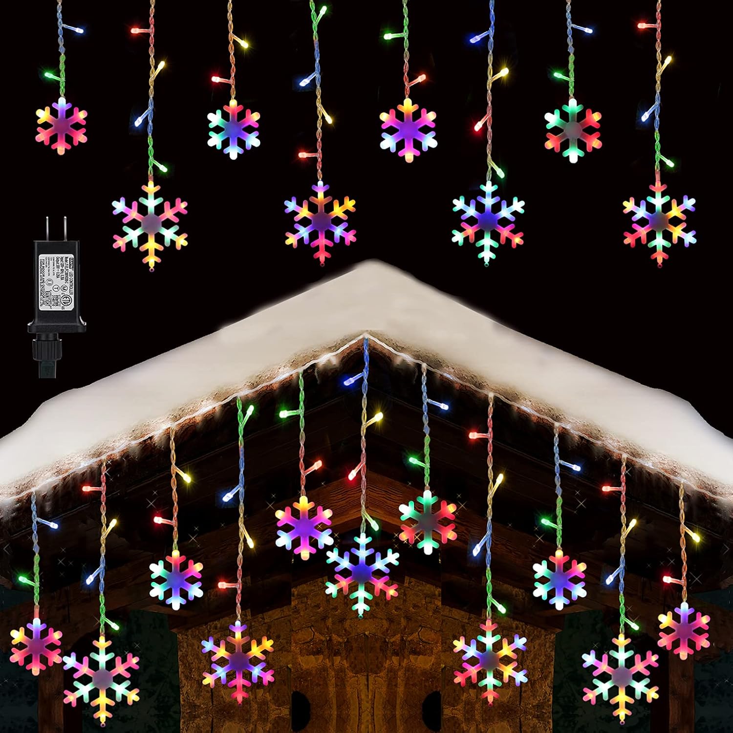 Toodour Christmas Snowflake Lights Outdoor, 17.22ft 264 LED Snowflake Icicle Lights with 22 Drops, Connectable, 8 Modes Waterproof Multicolor Christmas Light for Curtain, Eaves, Window, Xmas Decor