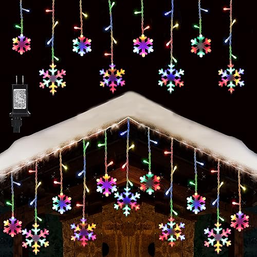 Toodour Christmas Snowflake Lights Outdoor, 17.22ft 264 LED Snowflake Icicle Lights with 22 Drops, Connectable, 8 Modes Waterproof Multicolor Christmas Light for Curtain, Eaves, Window, Xmas Decor