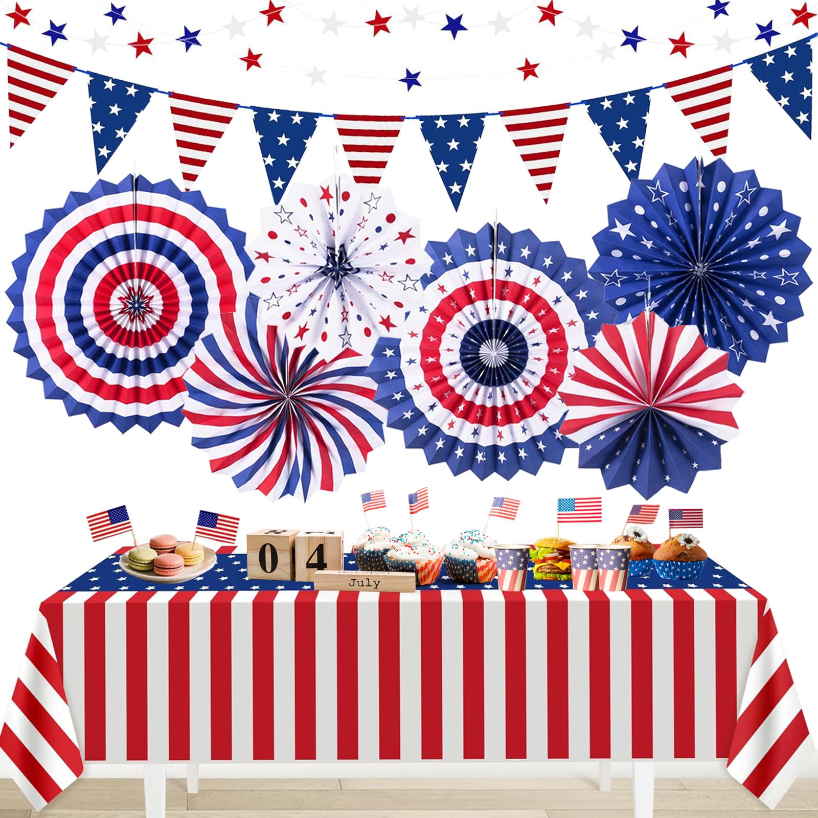 Fourth Of July Decorations Kit - Patriotic Paper Fans, Pennants, Pom Poms For Memorial Day & Veterans Events