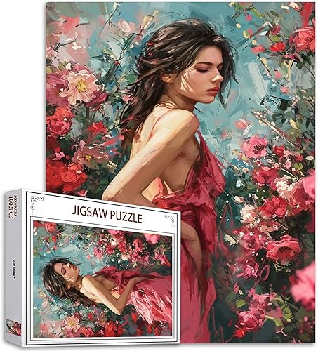 Miniatura 1 de Rompecabezas de 1000 piezas para mujer, vestido rosa, rompecabezas de 1000 piezas, hermosa niña, flores coloridas, rompecabezas románticos de