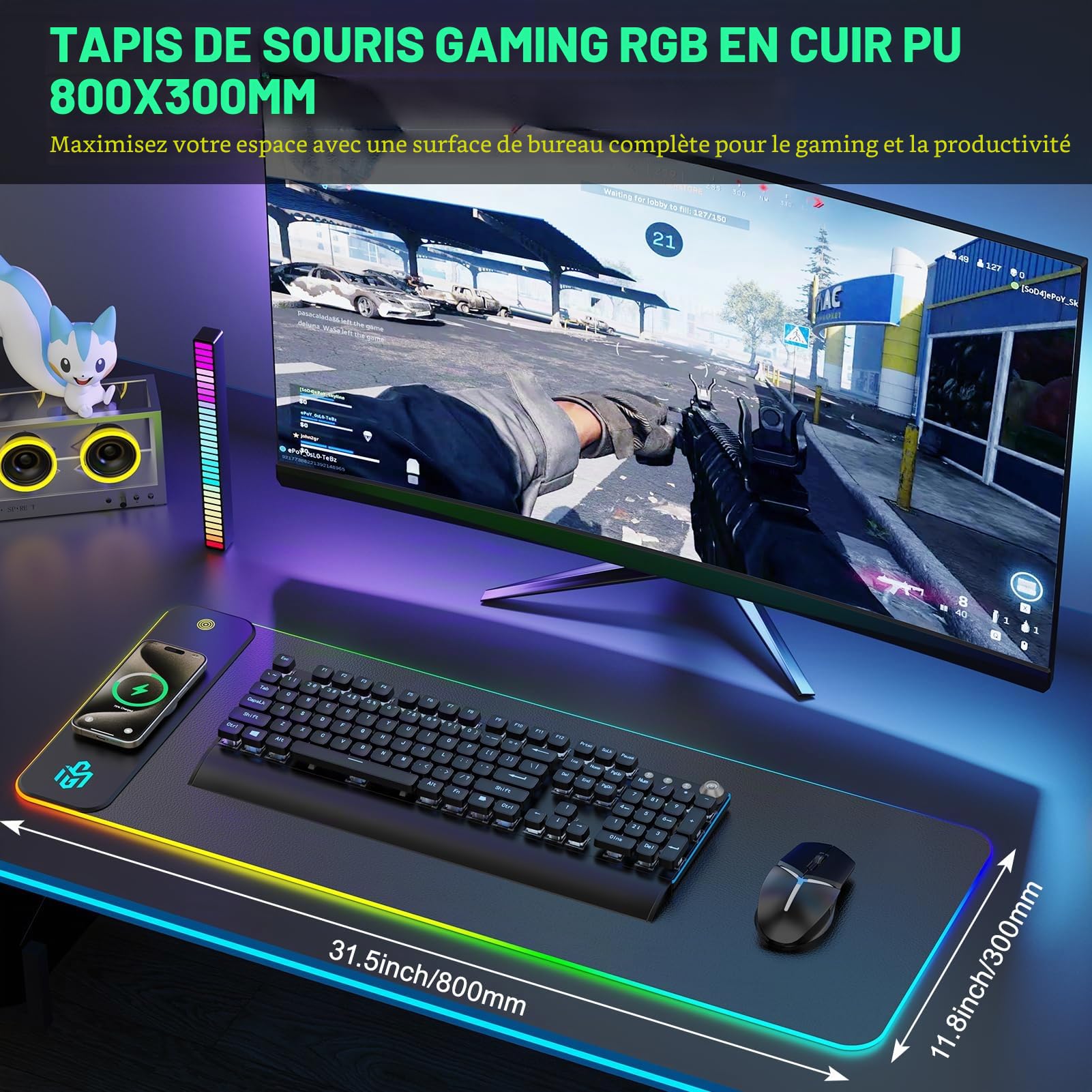GIM Tapis de souris de jeu PU en cuir sans fil avec chargement sans fil RGB 15W, tapis de souris LED 203x76x10 mm, 10 modes d'éclairage, tapis de souris extra grand avec base en caoutchouc