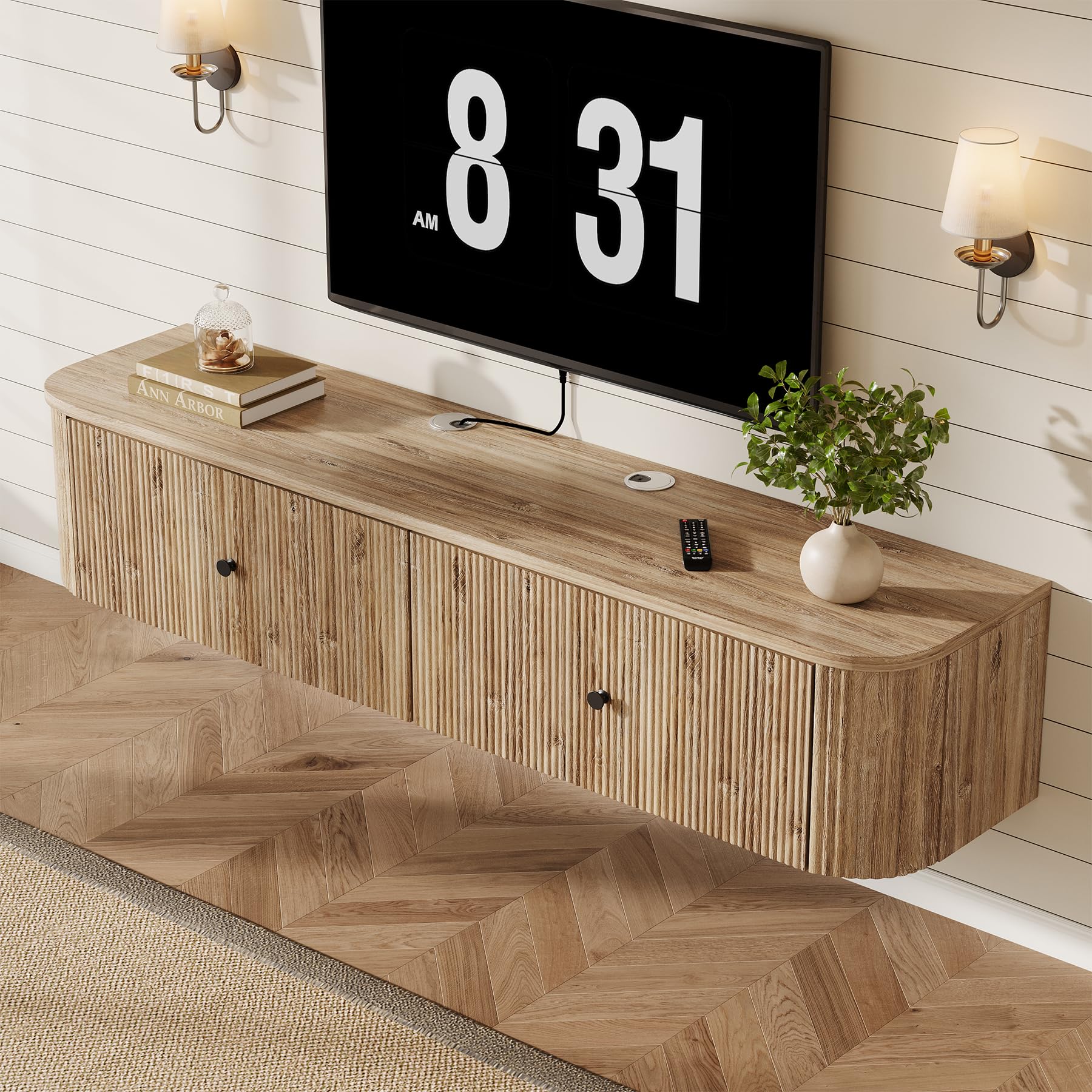 Tribesigns Mobile TV sospeso da parete, console TV da 140 cm con 2 cassetti scanalati, moderna tavola multimediale sospesa per soggiorno, camera da letto, rovere