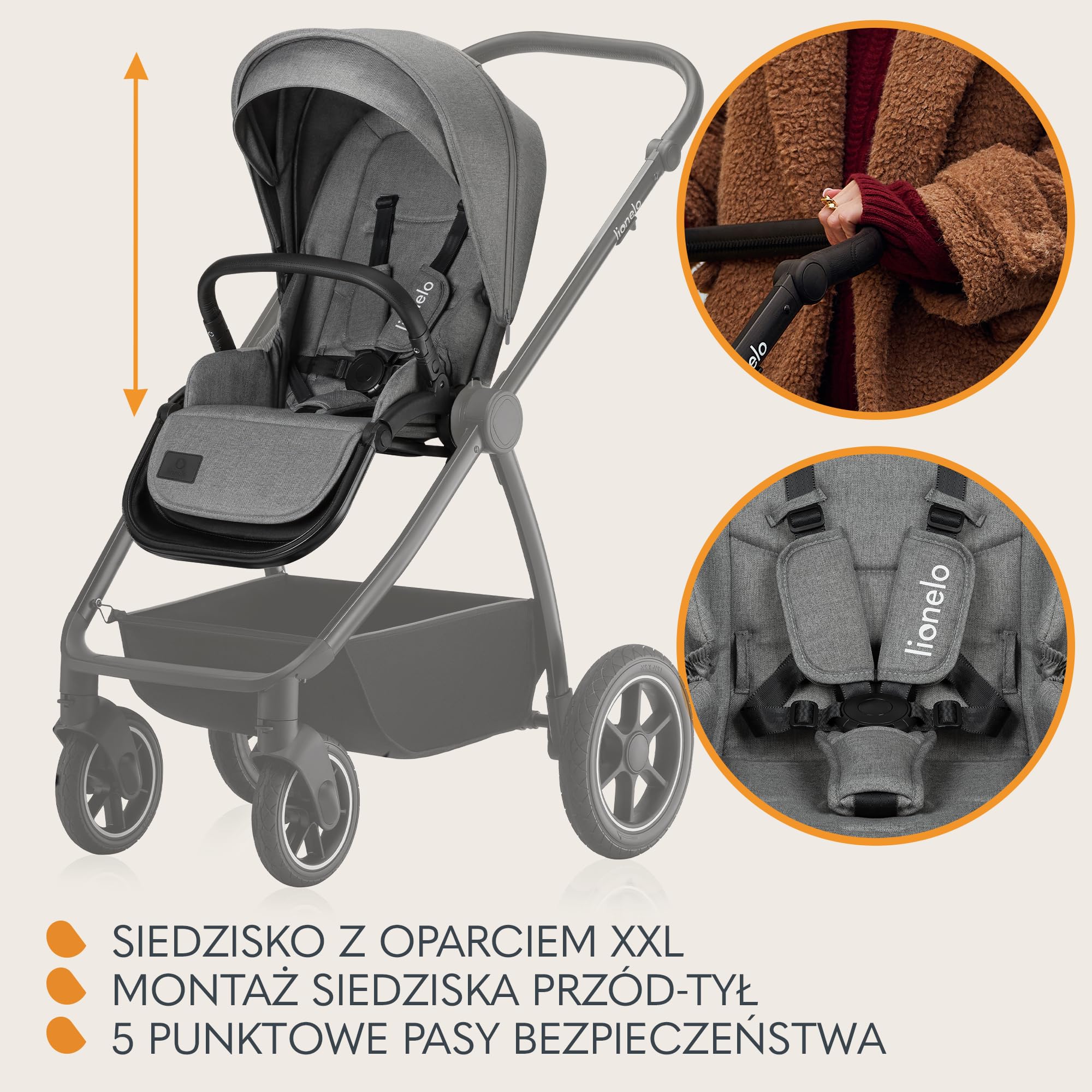LIONELO MERIL 3 in 1 Wielofunkcyjny Wózek Dziecięcy 0-48 Miesięcy Do 22 Kg, Gondola Do 9 Kg, Fotelik Samochodowy Do 13 Kg, Koła Terenowe 360°, Pełna Amortyzacja, Budka XXL UPF50+ (Szary)