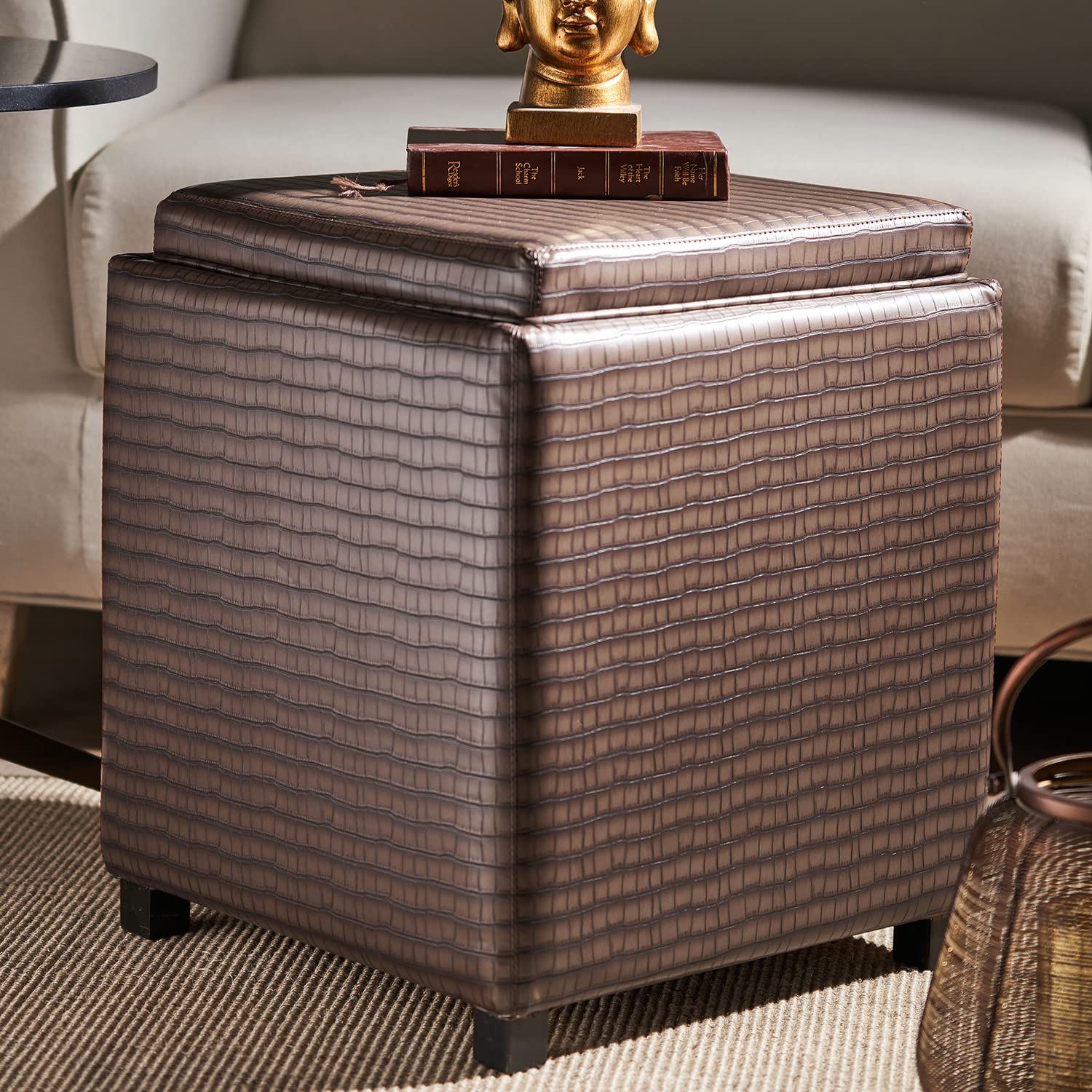 PURE HOME + LIVING Brown Textured Faux Leather Pouffe with Storage-image-37