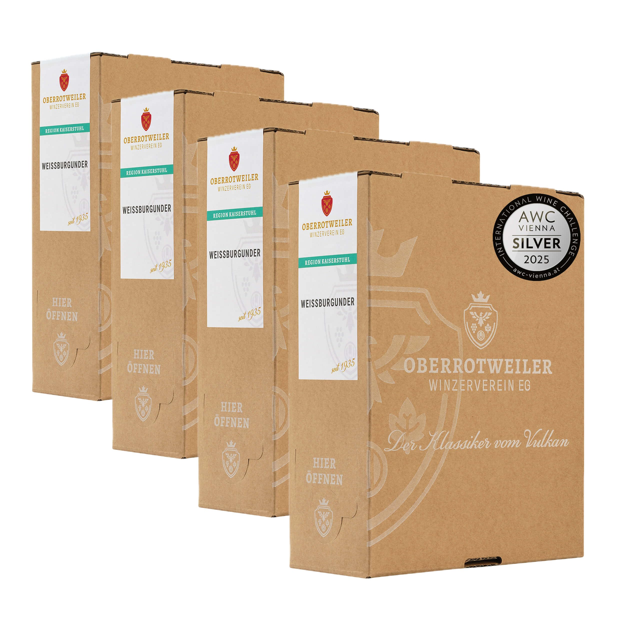 Oberrotweiler Wein-Box Weißburgunder 3 Liter QbA trocken - SILBER 2025 AWC Vienna - Frisch & fruchtig mit Apfel, Birne & Zitrus - Badischer Weißwein (4 x 3,0l Bag-in-Box)