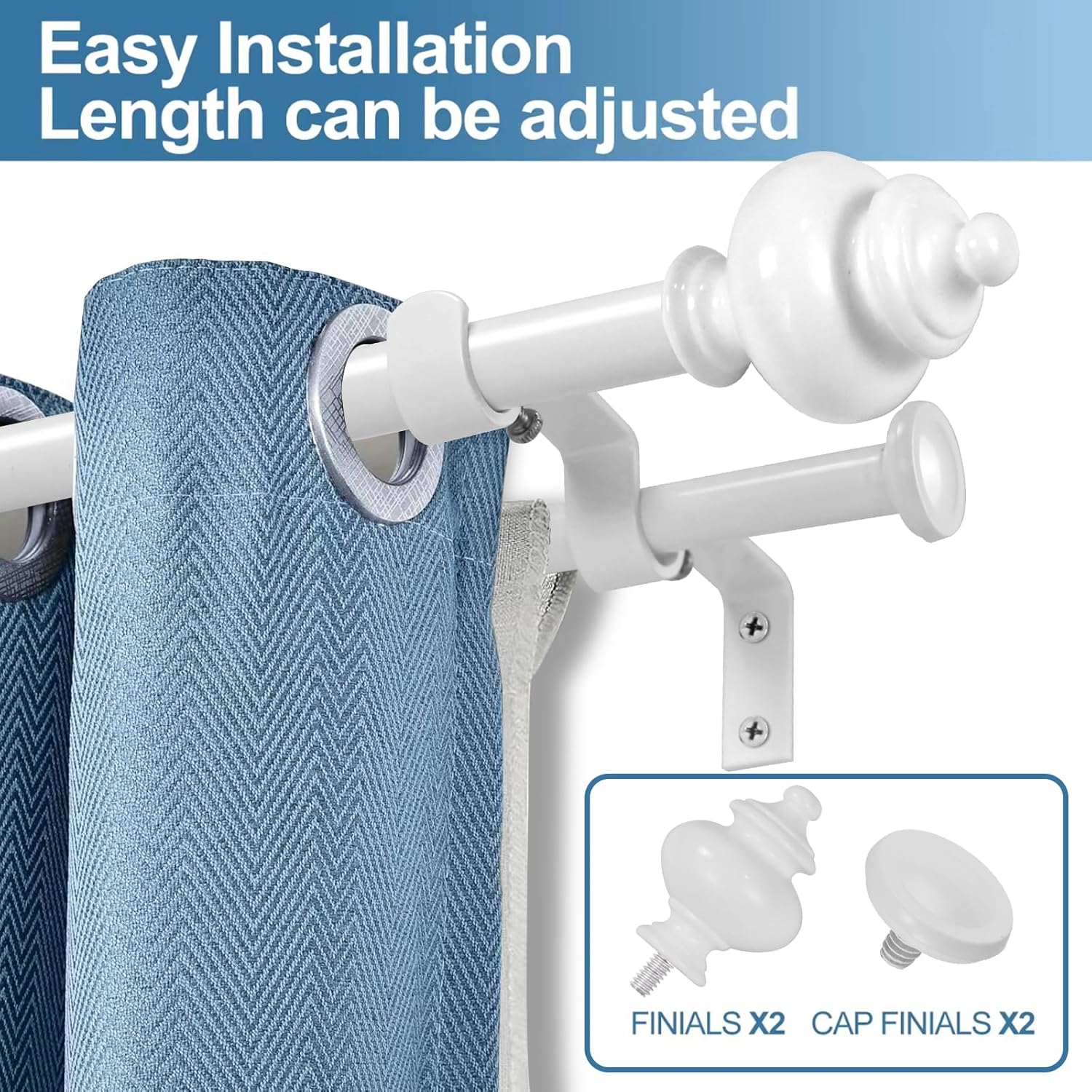 Urbanest Round Urn Adjustable Double Drapery Curtain Rod Set, 5/8", 84"-120", Glossy White