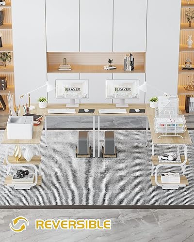 Miniatura 9 de Teraves Escritorio reversible en forma de L con estantes escritorio de esquina redonda mesa de juegos estación de trabajo para oficina en casa Marco