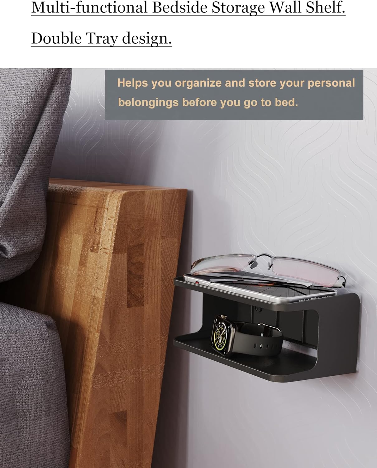 Bedside Wall Shelf Organizer Small Bedside Shelf Wall Mount for Bed Universal Stick on Wall Shelf Double Tray Holder for Storing Cellphone, Glasses, Keys, Camera, Alarm Clock (Black) - Image 2