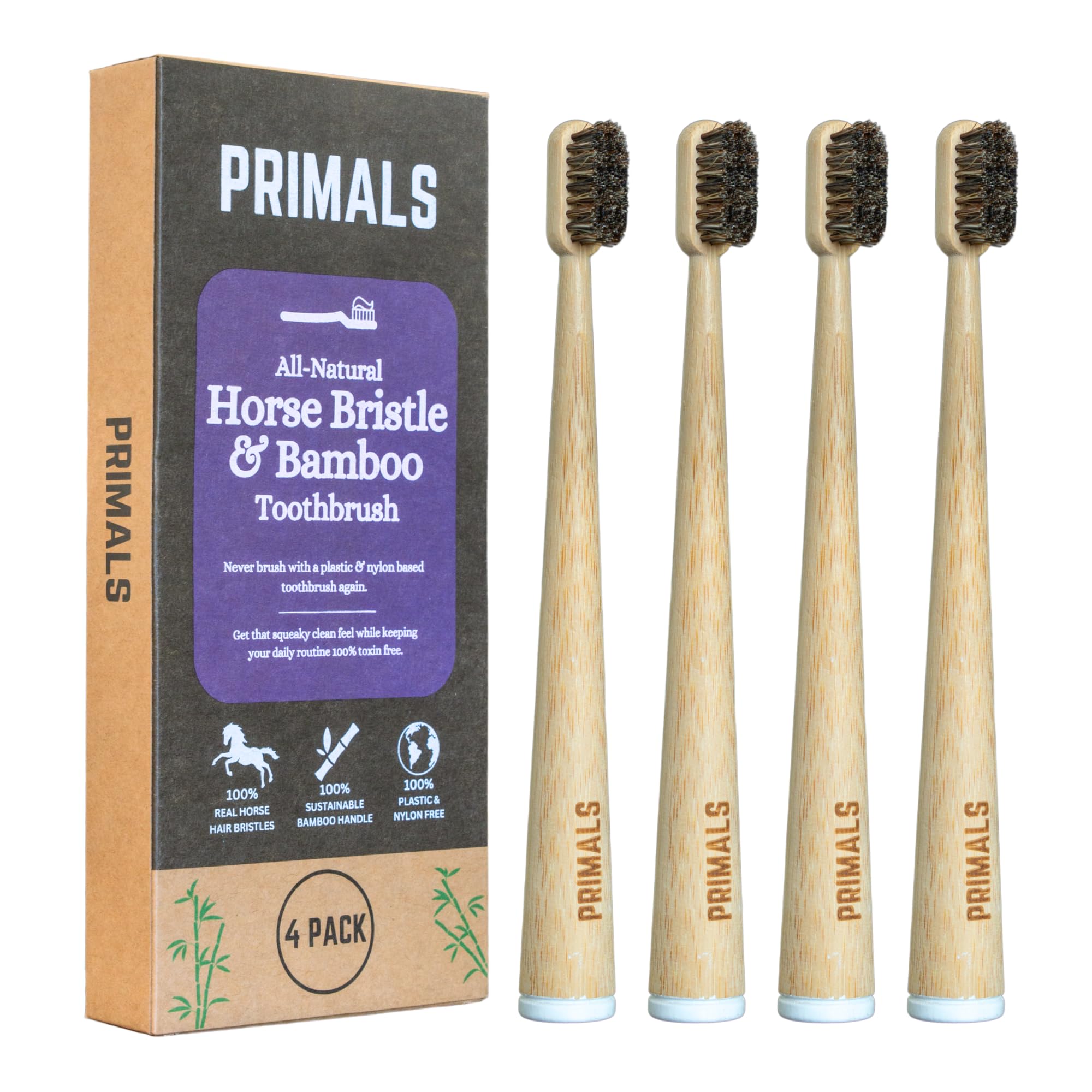 PRIMALS Horse Bristle & Bamboo Toothbrush (4-Pack) - Luxurious & Soft Horse Bristles - Fully Biodegradable