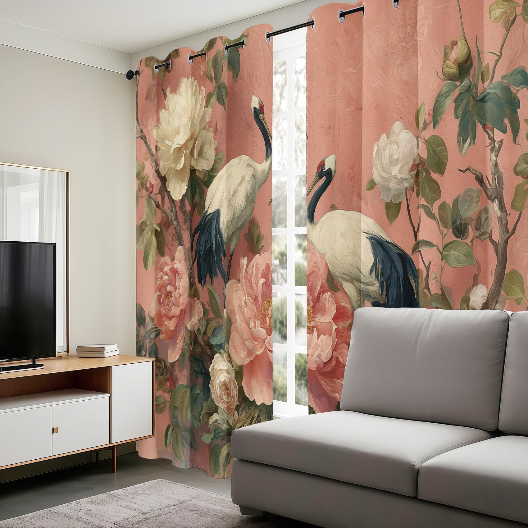 Générique Lot de 2 Rideau Occultant Oiseau Fleur Chinois, Impression Fleur de Pivoine Rideaux de Fenêtre Thermique Isolants Anti Bruit a Oeillets Rideaux Chambre Salon 140x280 cm H39y
