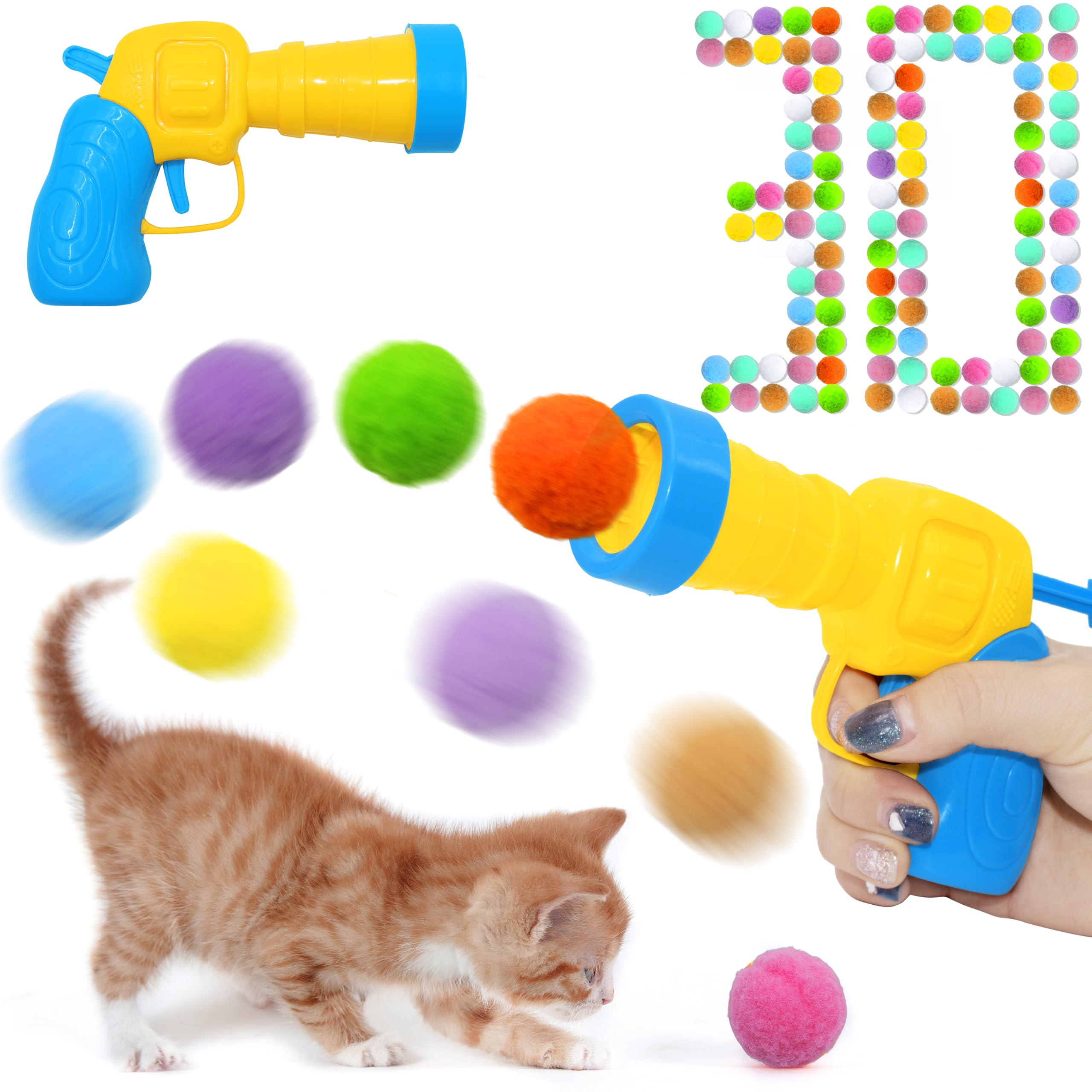 Seyezo Cat Toy Balls Launcher Set(1 Gun+30 Balls), Cat Enrichment Toys, Interactive Funny Cats Toys Balls, 30Pcs Fluffy Pom Pom Balls Cat Toy Outfit, Plush Ball Launcher for Indoor Exercise, 30 Balls