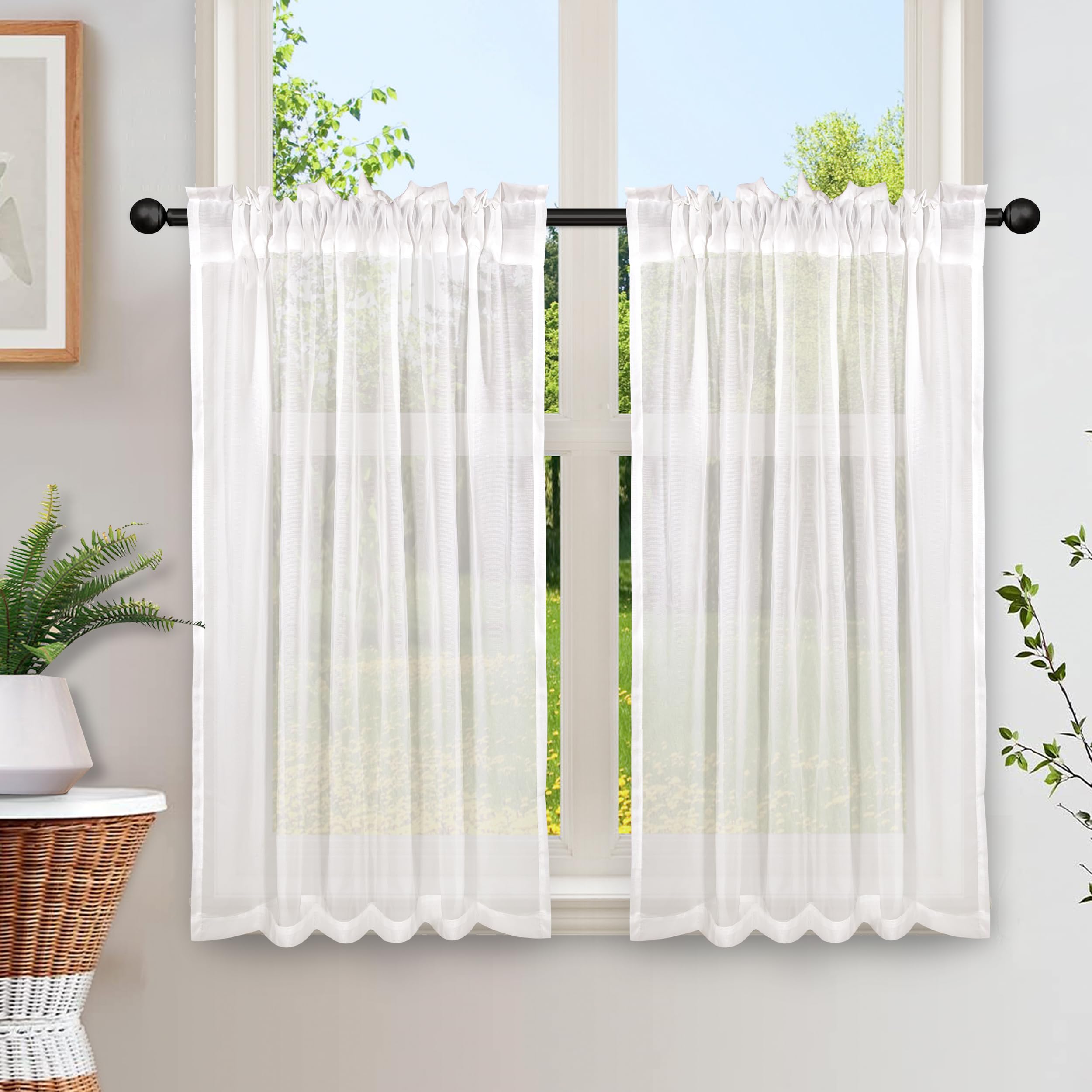 Heveer Cortinas Cortas Semi-Transparentes Visillos Blanca Cortinas de Ventana para Salón Cocina Bistro Casa de Campo 2 Piezas 65x60 cm