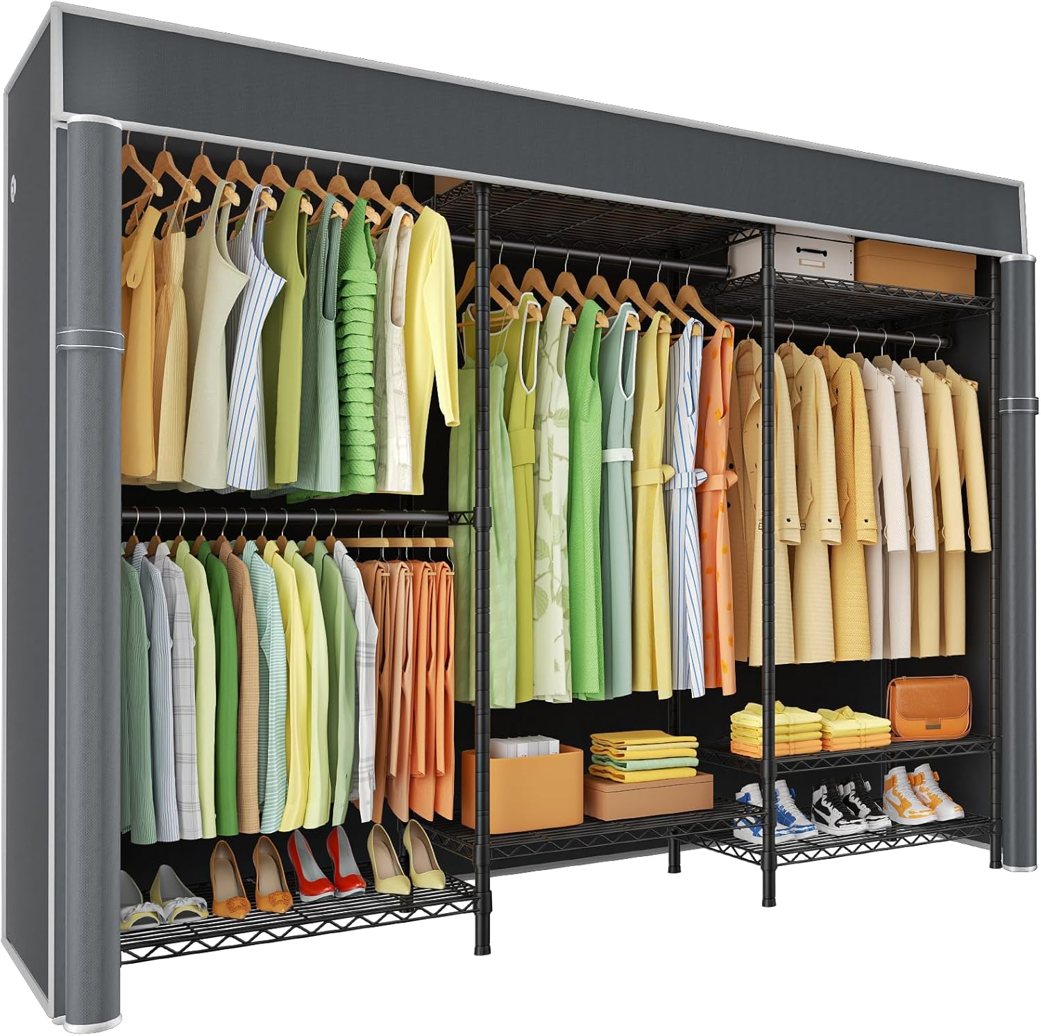 Ulif E13C Heavy Duty Closet Organizer System?Freestanding Clothing Racks for Hanging Clothes?Adjustable Garment Rack 63" W x 16" D x 77" H Hold 960 lbs?Black Clothing Rack with Grey Dustproof Cover