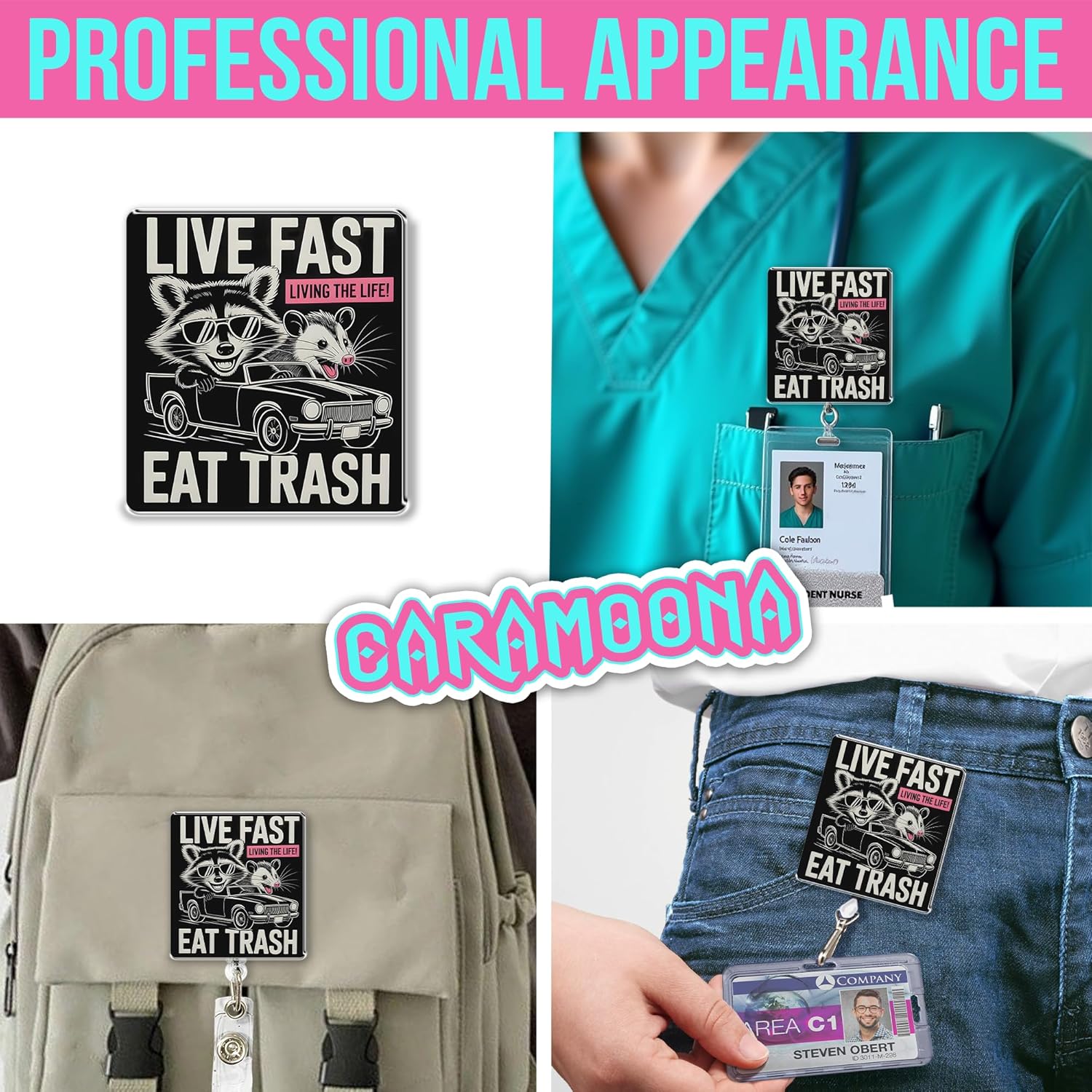 Live Fast Eat Trash Badge Reel Retractable 1.6 Inches Funny Raccoon Opossum, Sarcastic, Animal Lover, Meme Alligator Clip/Belt Clip, Acrylic Material, Badge Holder, Lanyards for Id Badges - Image 3