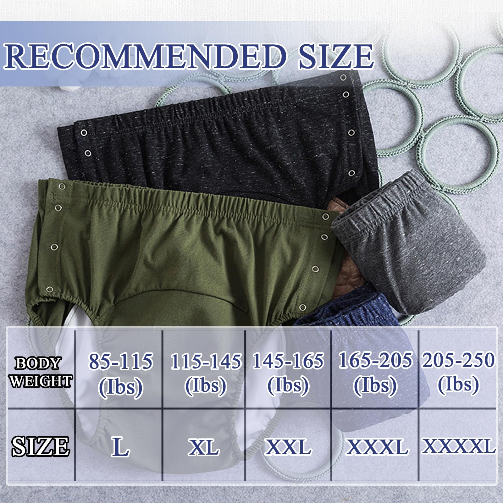 4pcs Pannolino per Adulti, Pannoloni per Anziani Pannolini con Fibbia Nascosta Lavabili 100% Cotone Riutilizzabili Intimo per Incontinenza con i Pannolini,Nero,4XL