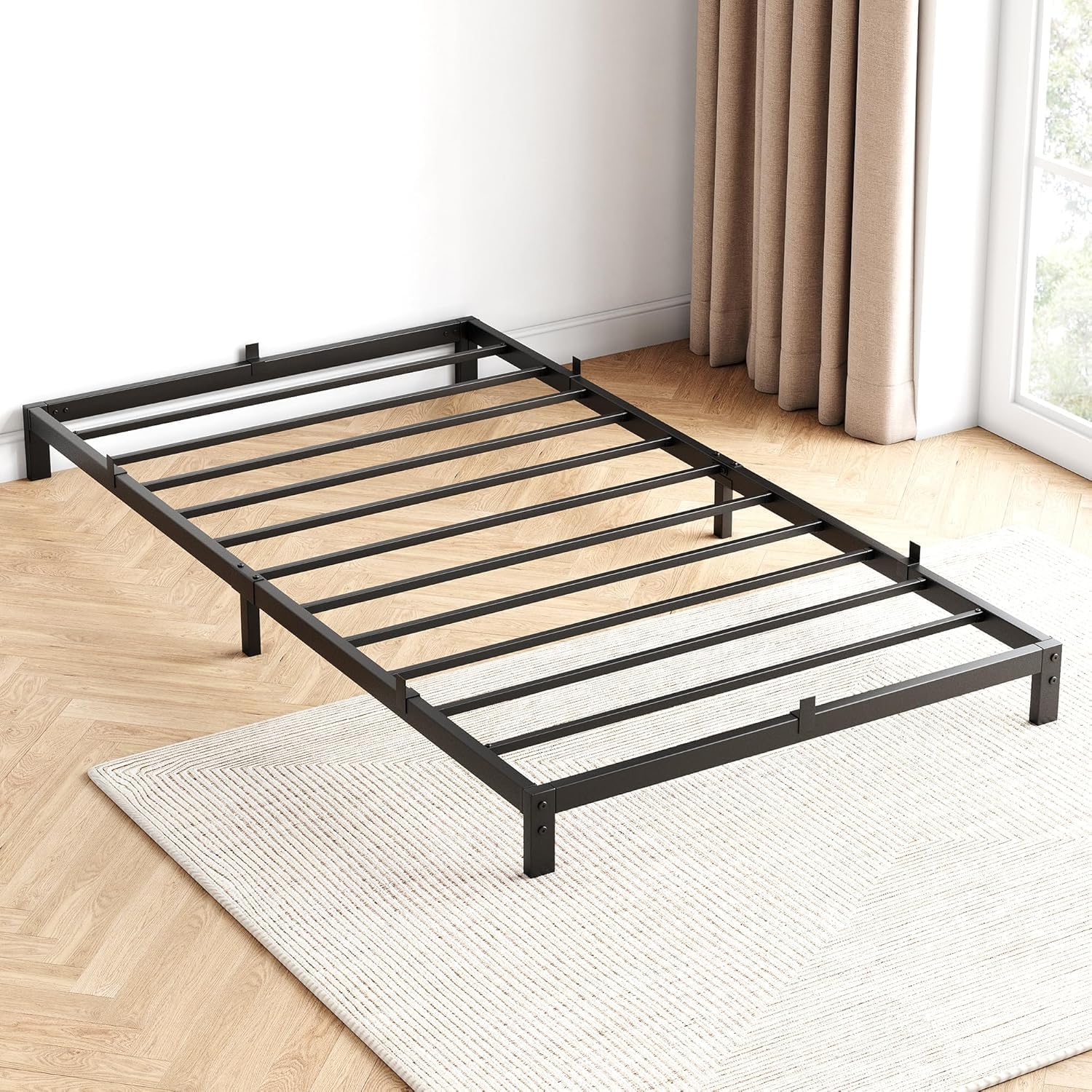 6 Inch Twin XL Bed Frame, Metal Platform Bed Frame with Sturdy Heavy Duty and 6 Non-Slip Mattress, Bed Frame with Reserved Holes for DIY Headboard,Storage Space Under The Bed,Noise Free