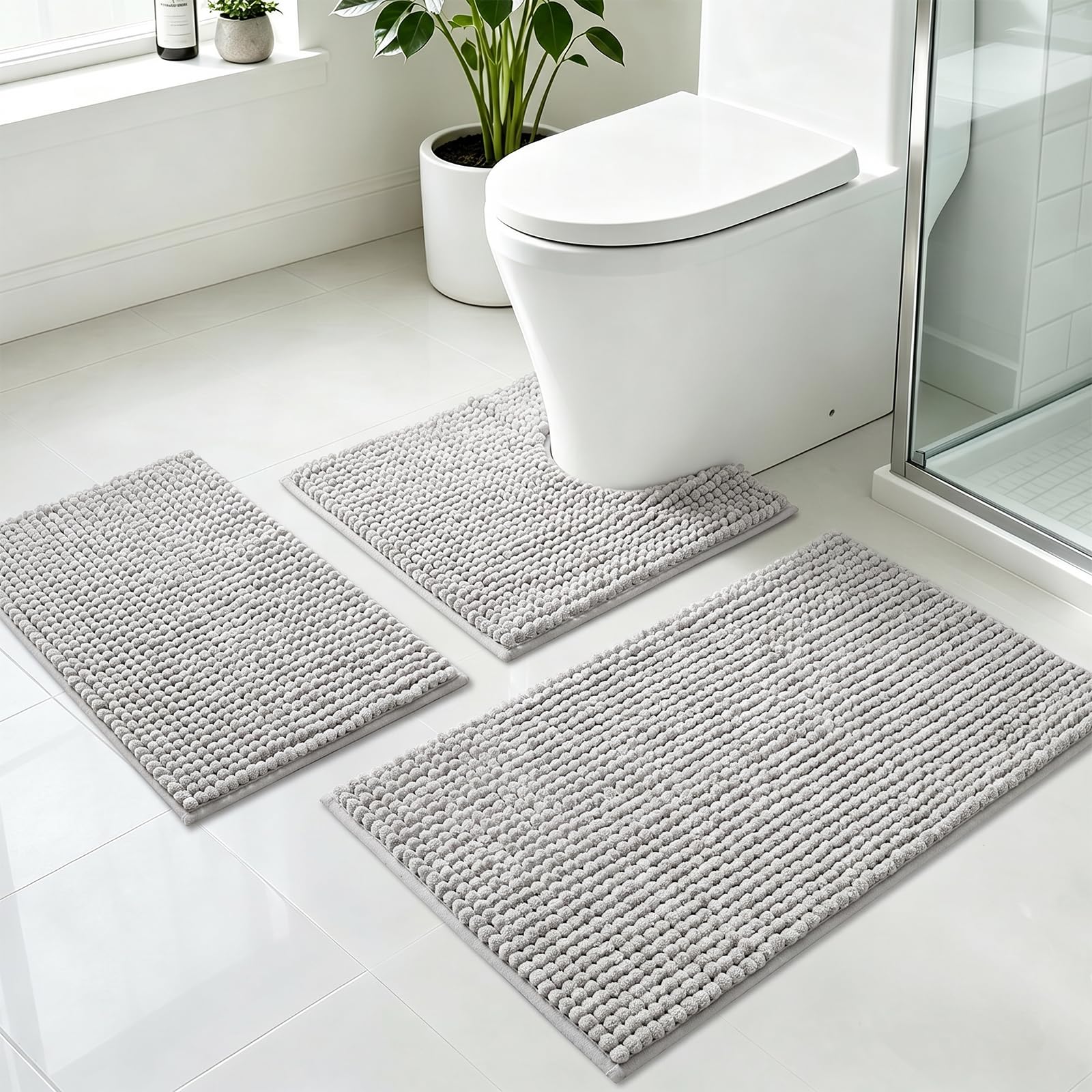 Sneulletoys 3-Piece Microfibre Chenille Bath Mat Set (Light Grey, Low Pile) — image 1