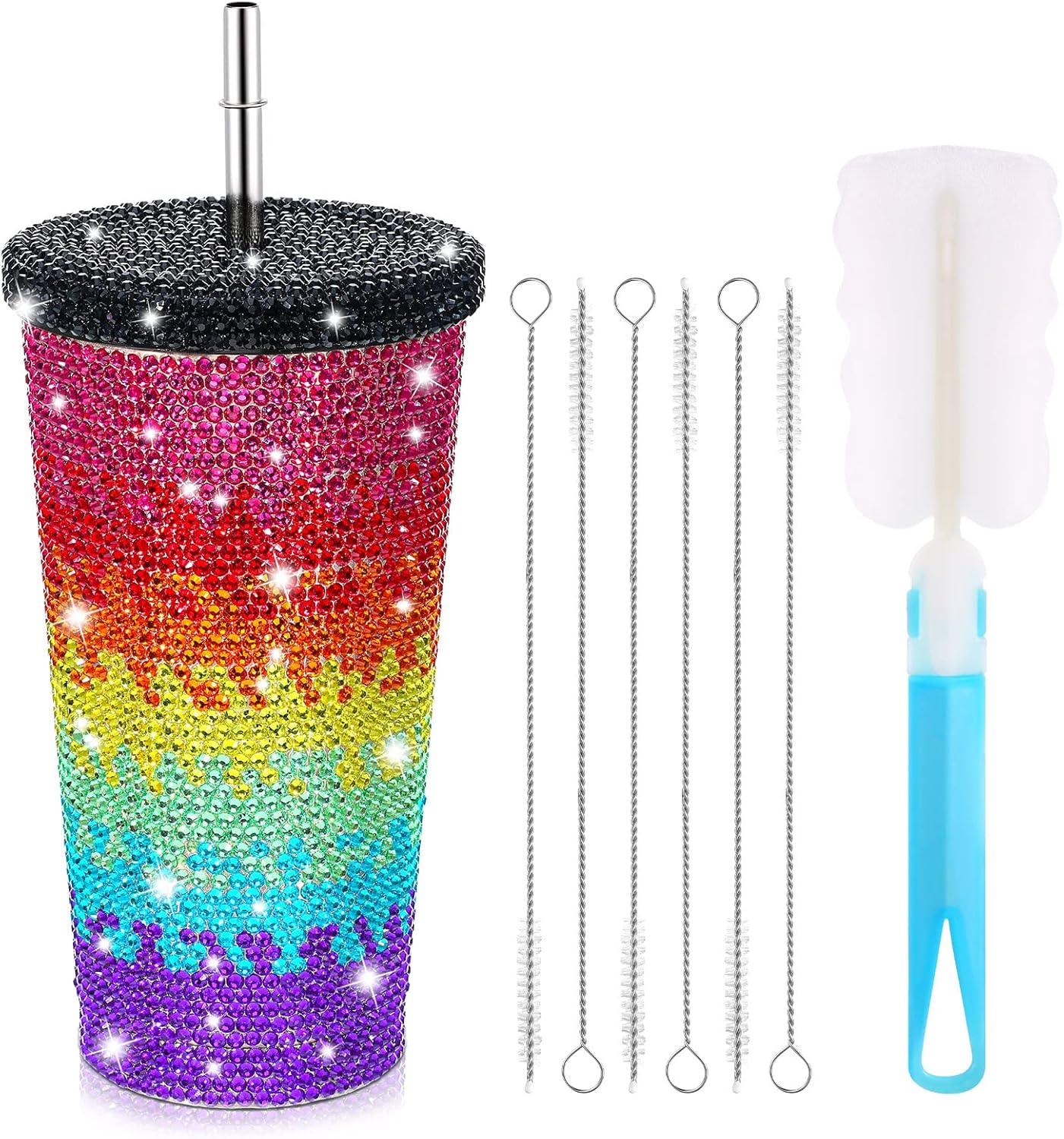 Mimorou Studded Bling Diamond Tumbler Glitter Water Bottle with Lid Stainless Steel Vacuum Thermal Straw Rhinestone Tumbler with 1 Pcs Cup Brush 6 Pcs Straw Brushes for Women(rainbow Color,16.9 Oz)