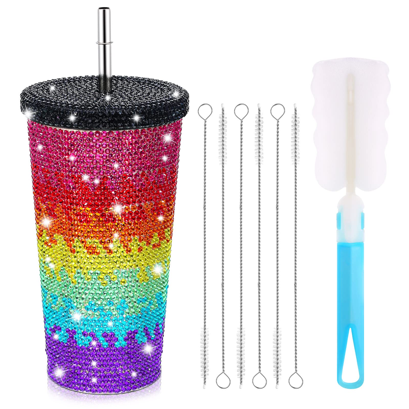 Gobelet isotherme paillettes arc-en-ciel 480ml avec pailles et goupillons