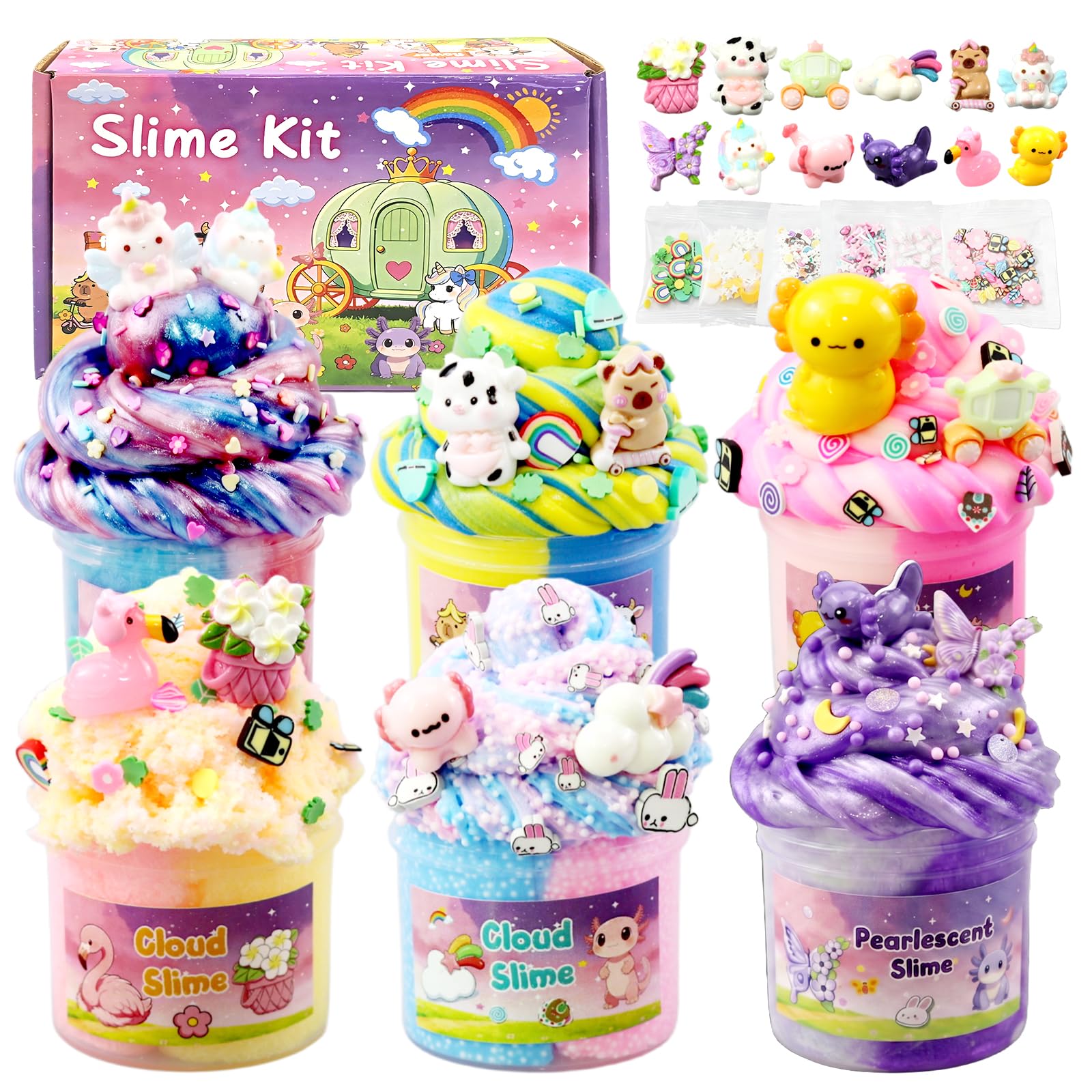 6 Pack Fluffy Butter Slime Kit for Kids, Slime Set with Mini Charms, Super Soft Non-Sticky Sensory Toy, Party Bag Fillers and Birthday Gift for Girls Boys(Macaron Color) — image 1
