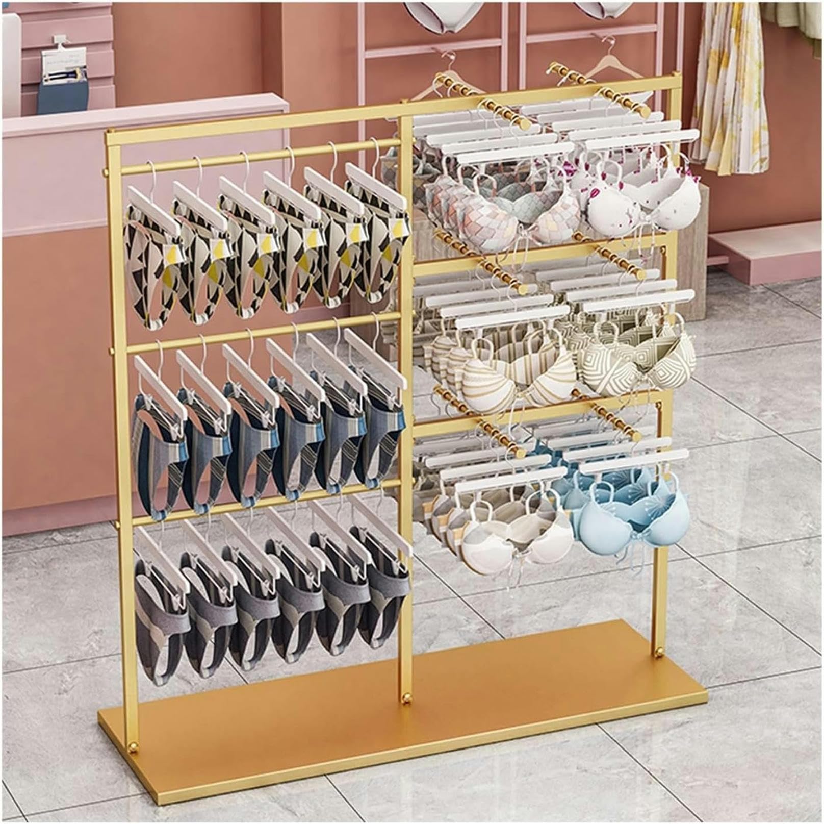 JYBNBBE Freestanding Underwear Display Rack, Lingerie Garment Stand for Retail Boutiques, Commercial Shelves for Socks Bras Panties Scarves Storage,Gold-120CM