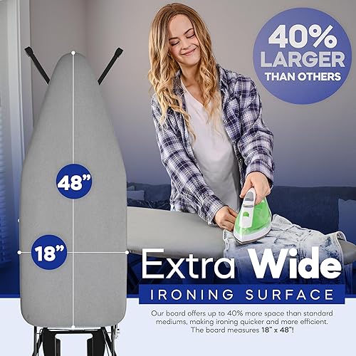 Miniatura 2 de Tabla de planchar extra ancha superficie grande de 48 x 18 pulgadas (57 pulgadas con soporte de hierro)  Perchero integrado para ropa, colgador y