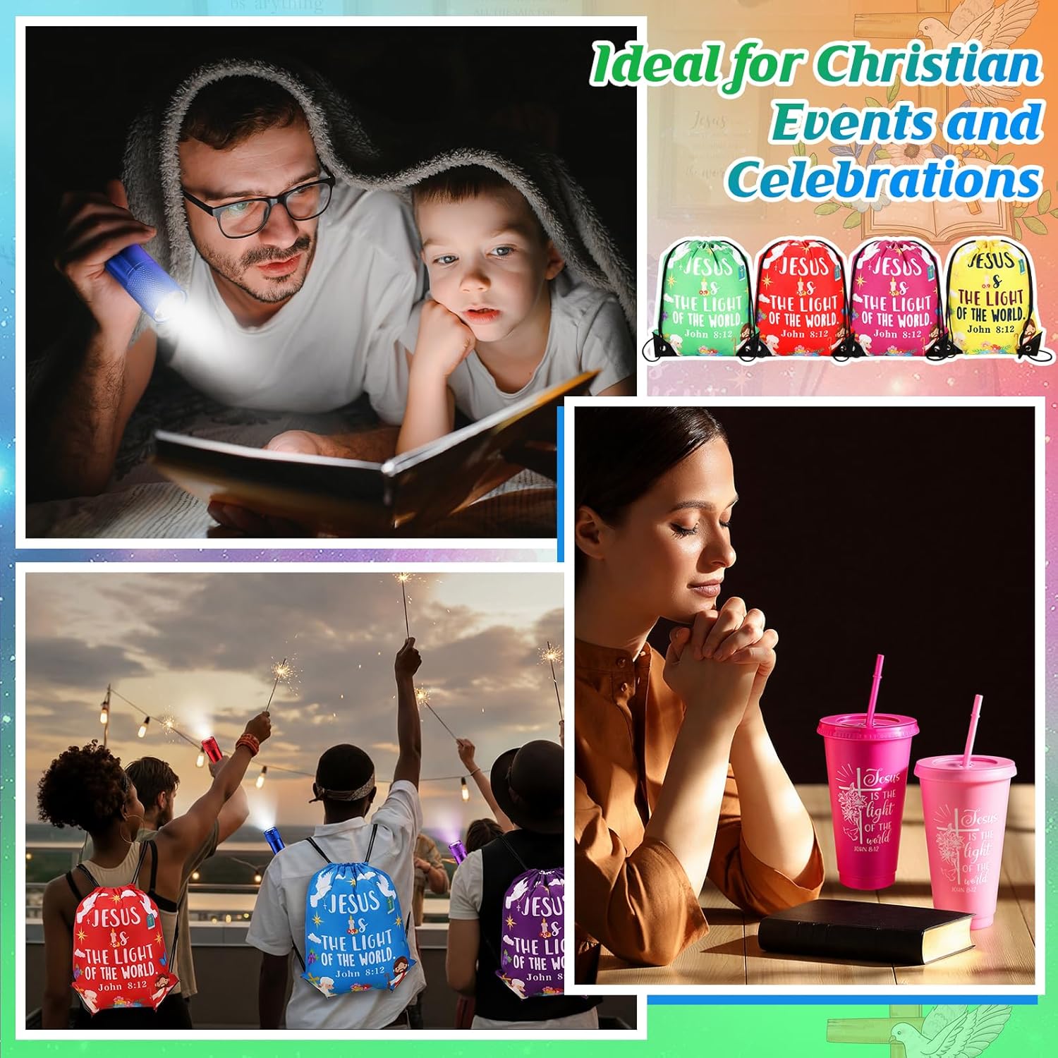 80 Pcs Easter Christian Religious Gifts Bulk Jesus the Light of the World Set for Church with 20 Backpacks, 20 Bible Verse 24oz Cups, 20 Keychains, 20 Mini Flashlights