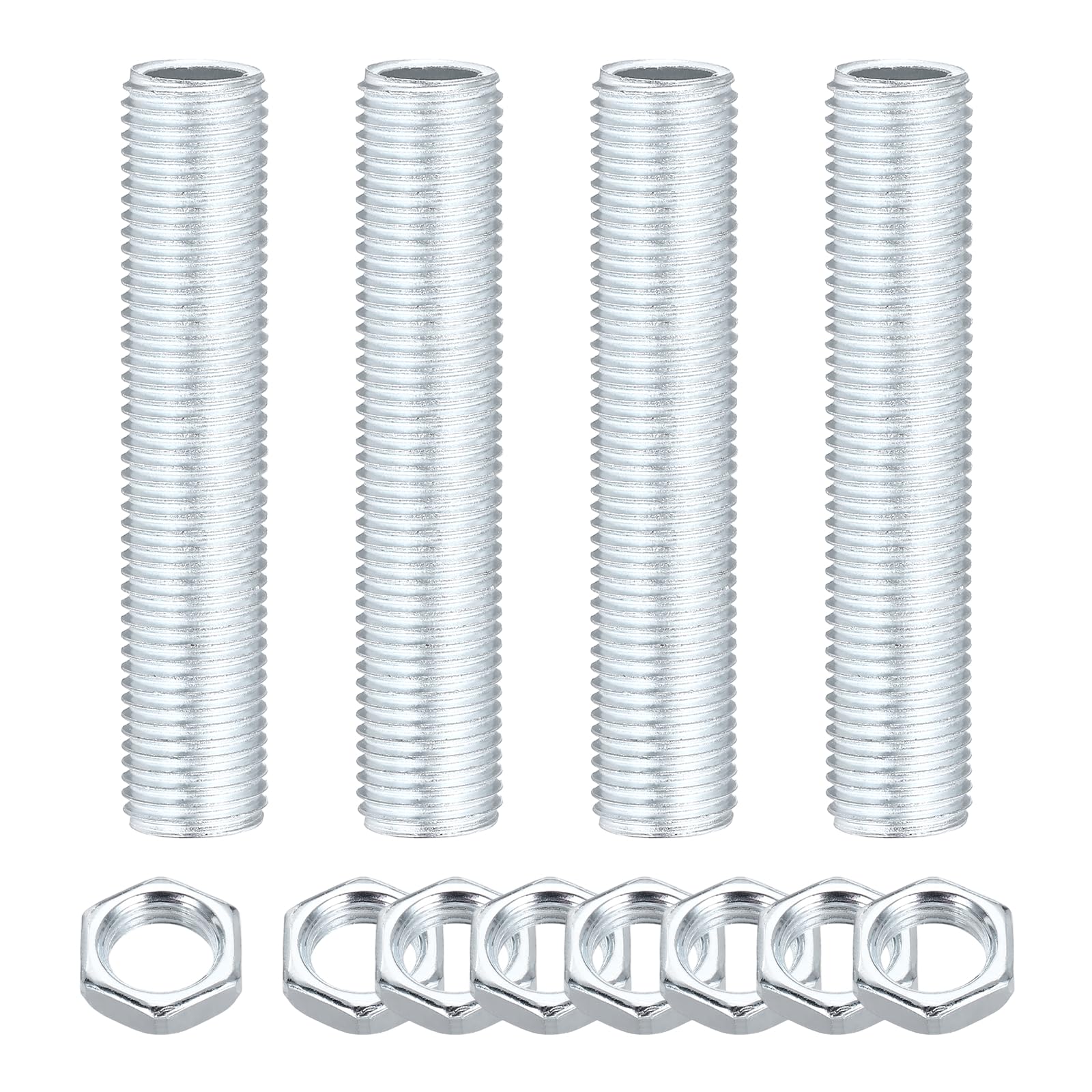sourcing map 4Pcs 70mm Lamp Pipe Nipples Kit with Lock Nuts, M14x1.5 Fine All Threaded Hollow Tube Lamp Repair Hardware Fasteners for Chandelier Ceiling Lamps Assembly DIY, White Zinc