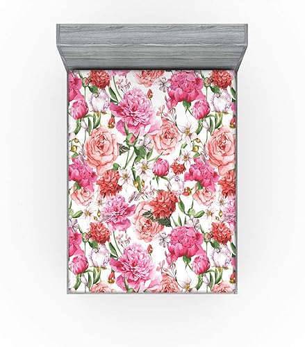 Miniatura 2 de Ambesonne Sábana bajera ajustable de flores de acuarela, estampado floral victoriano estilo pintura con rosas de peonías, funda de cama con bolsillo