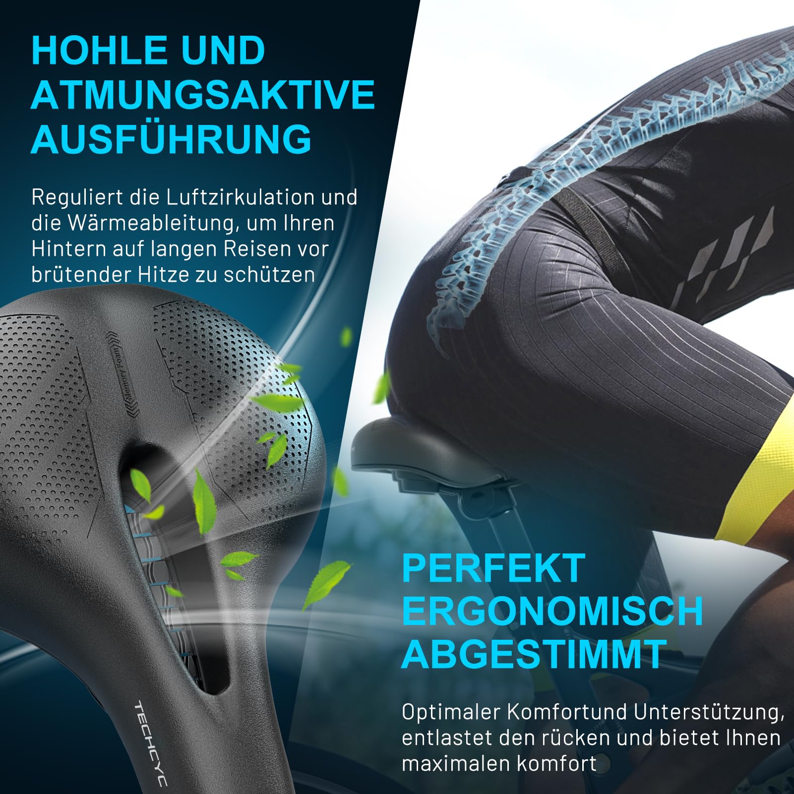 TECHCYC Fahrradsattel, Fahrradsitz Memory Schaum, Komfortabel Atmungsaktiv Stoßdämpfend, Ergonomischer Fahrrad Sattel für Herren & Damen mit Federung, in 3 Ausführungen wählbar