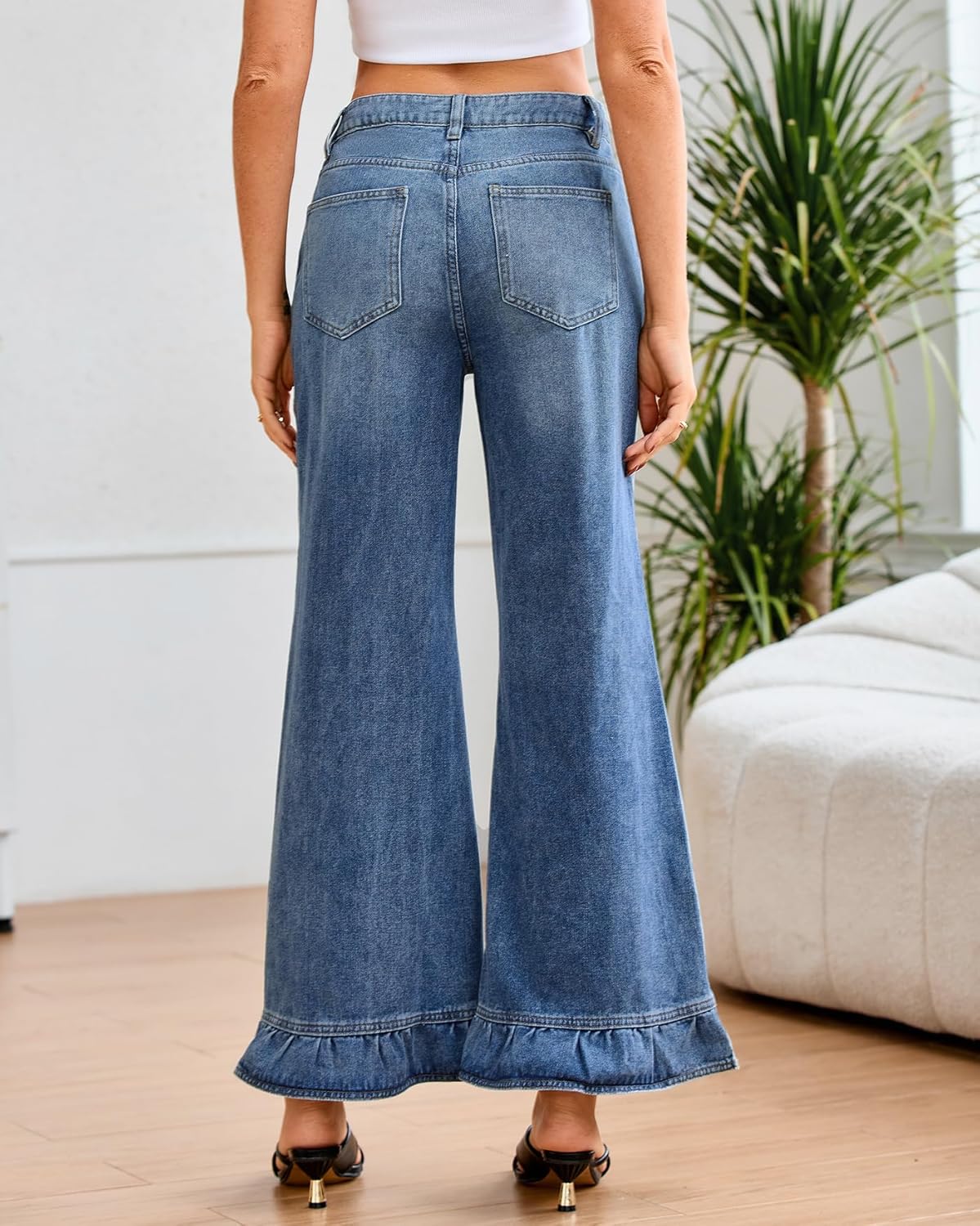 Women's Ruffle Flare Jeans High Rise Wide Leg Bell Bottom Demin Pants - Image 4