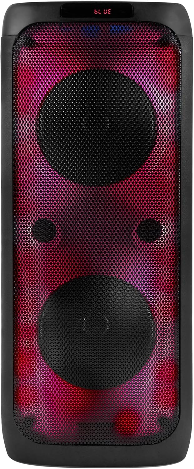 Aurrealdea view of Intempo LED Blaze Speaker with red and purple LEDs