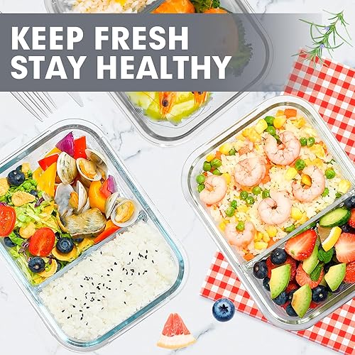 Vista 7 de VERONES Paquete de 5 recipientes de vidrio para preparación de comidas, juego de 2 compartimentos, recipientes herméticos de vidrio para almuerzo