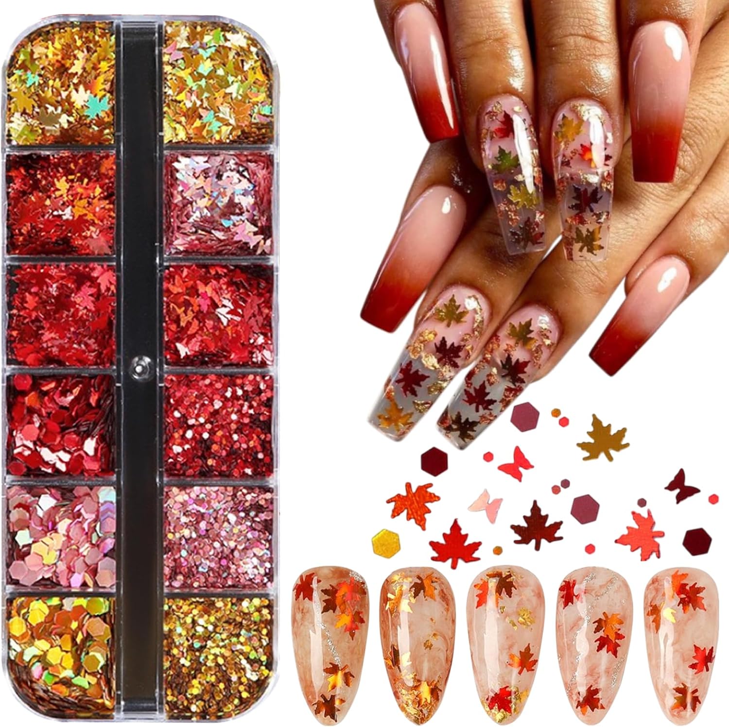 12 Grids Fall Nail Glitters 3D Gold Maple Leaf Nail Sequins with Glitter Gold Maple Leaves Sparkly Supplies Autumn Nail Stickers for Women Manicure Thanksgiving Decoration Makeup