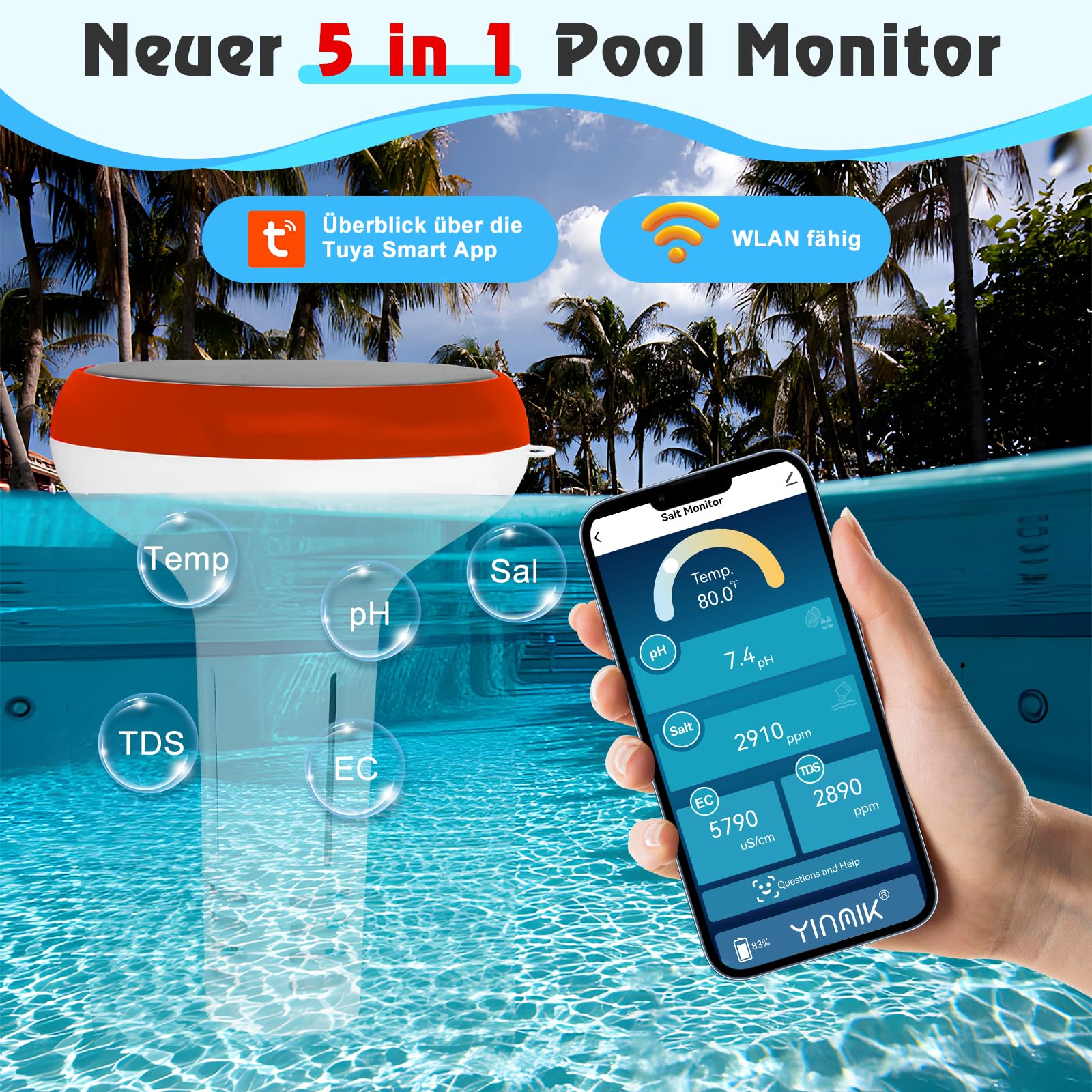 Pool pH Salz Monitor, WLAN pH Messgerät und Salzgehalttester, Intelligenter pH Salz TDS EC Temp Monitor für Schwimmbäder 5 in 1, Schwimmender Solarbetriebener Salzmonitor für Salzwasser Whirlpool Spa