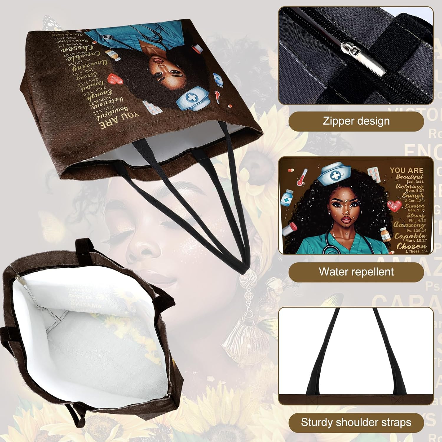 African American Gifts Set for Women - African American Tote Bag, Makeup Bag, Glass Cup, Socks, Keychain and More for Black Mom Friends Birthday Graduation Mother's Day Present(Nurse)
