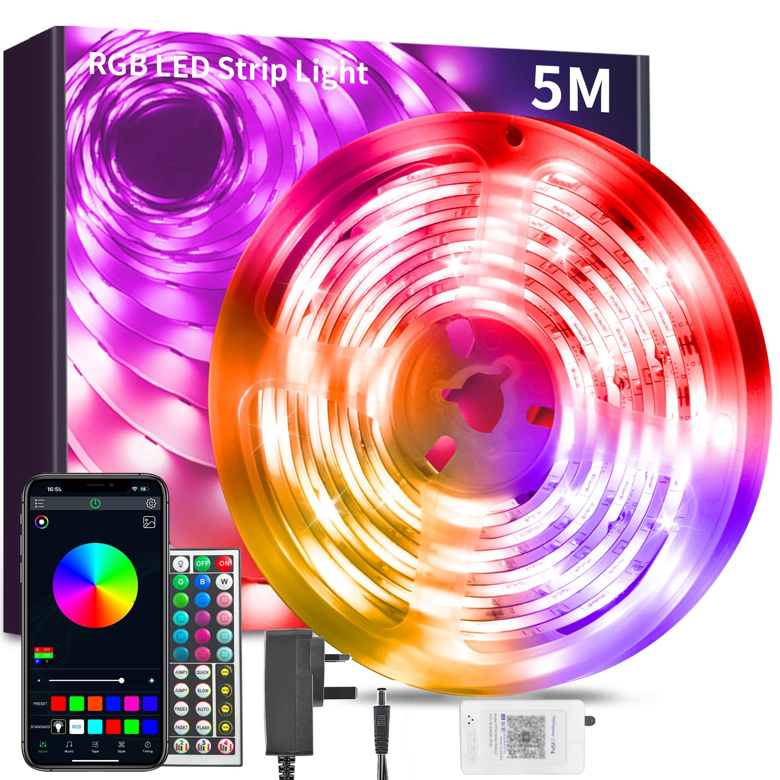 BATHEBRIGHT BATHEBRIGHT Led Strip Lights 5M,Music Sync RGB Bluetooth Color Changing Flexible LED Light Strips,with Smart App Control Remote, Led Lights for Bedroom Room Lighting Flexible Home Decoration