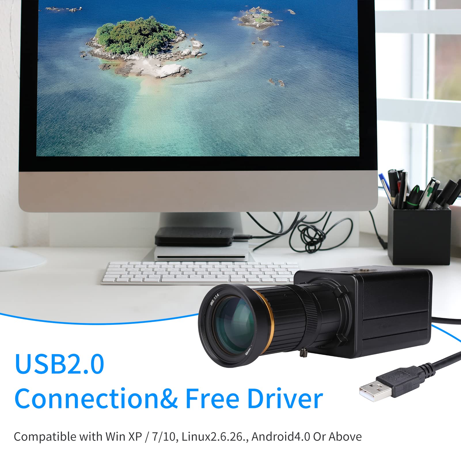 HUIOP Kamera internetowa z obiektywem zoomu, kamera HD 4K, kamera internetowa USB z zoomem optycznym, 10 x ręczna regulacja ostrości, automatyczna kompensacja ekspozycji, kompatybilna z Windows