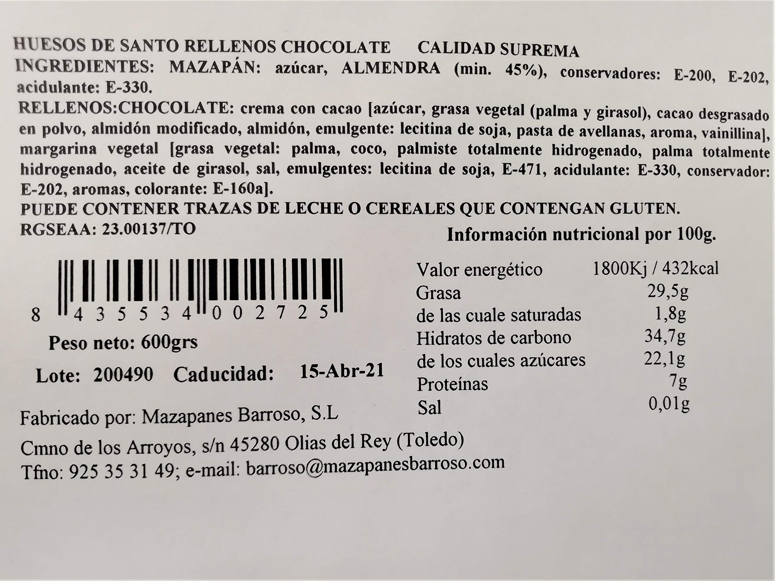 Huesos de Santo Rellenos de Chocolate. Calidad Suprema. Mazapanes Barroso. Caja de Huesos de Santo de Mazapán Rellenos de Chocolate de 35 Unidades aprox. Peso Neto 600 Gramos.