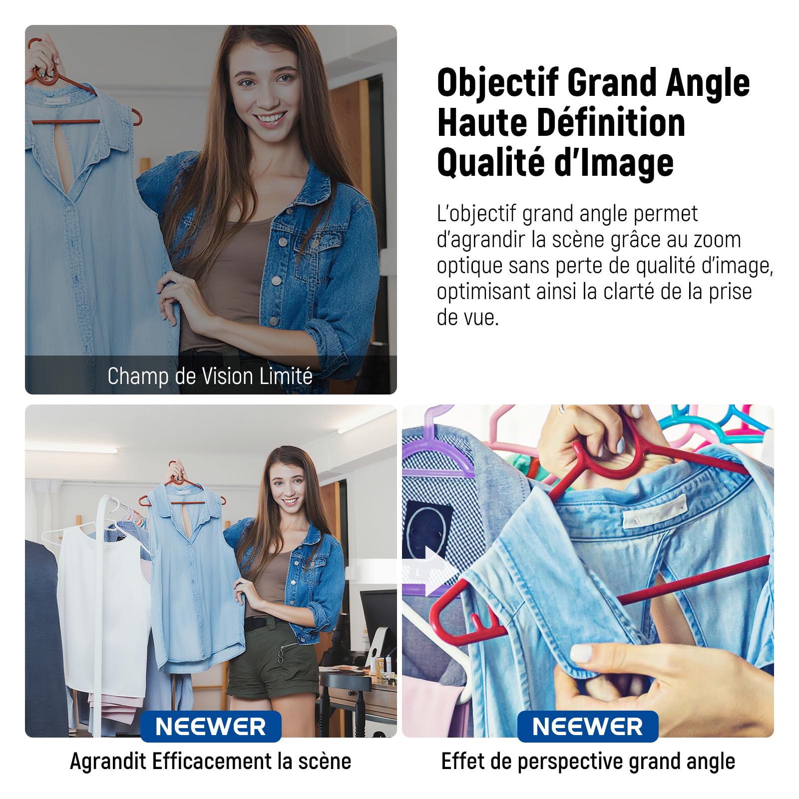 NEEWER 18mm Objectif Grand Angle avec Clip Fileté 17mm, Champ de Vision 100°, Grossissement 0.75X, 6 éléments en 5 Groupes, Compatible iPhone Android Samsung, pour la Photographie Mobile, LS-72