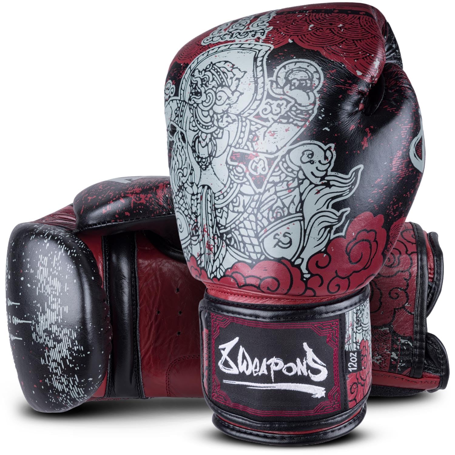 8 WEAPONS Boxhandschuhe Hanuman Yant, Schwarz-rot, Training, Sparring & Wettkampf, Leder, Perfekte Dämpfung & stabile Nähte, Handschuhe für Muay Thai, K1, Boxen, MMA und Kickboxen