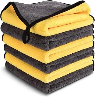 SOFTBATFY Car Microfiber Cleaning Cloth Towel 600GSM Polishing Waxing Auto Detailing Cloth 6 Pack 16 x 16inches, Thick and Quick Drying (Grey-Yellow)